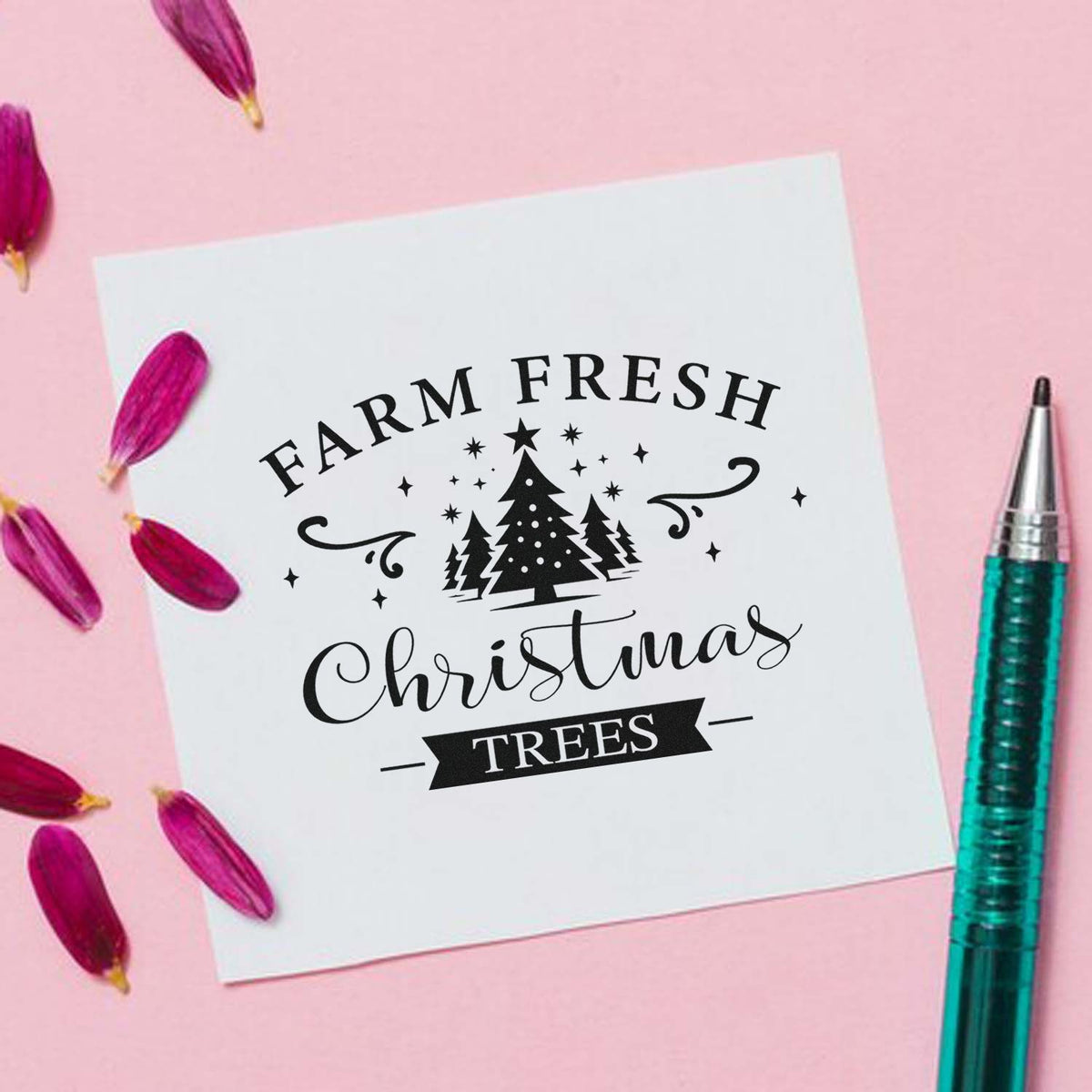Farm Fresh Christmas Trees rubber stamp design on white card with evergreen graphic, perfect for holiday card making.