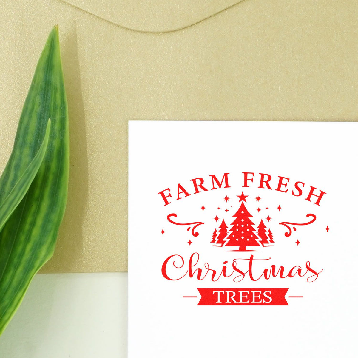 Farm Fresh Christmas Trees rubber stamp design on a Christmas card, featuring red holiday lettering and pine trees.