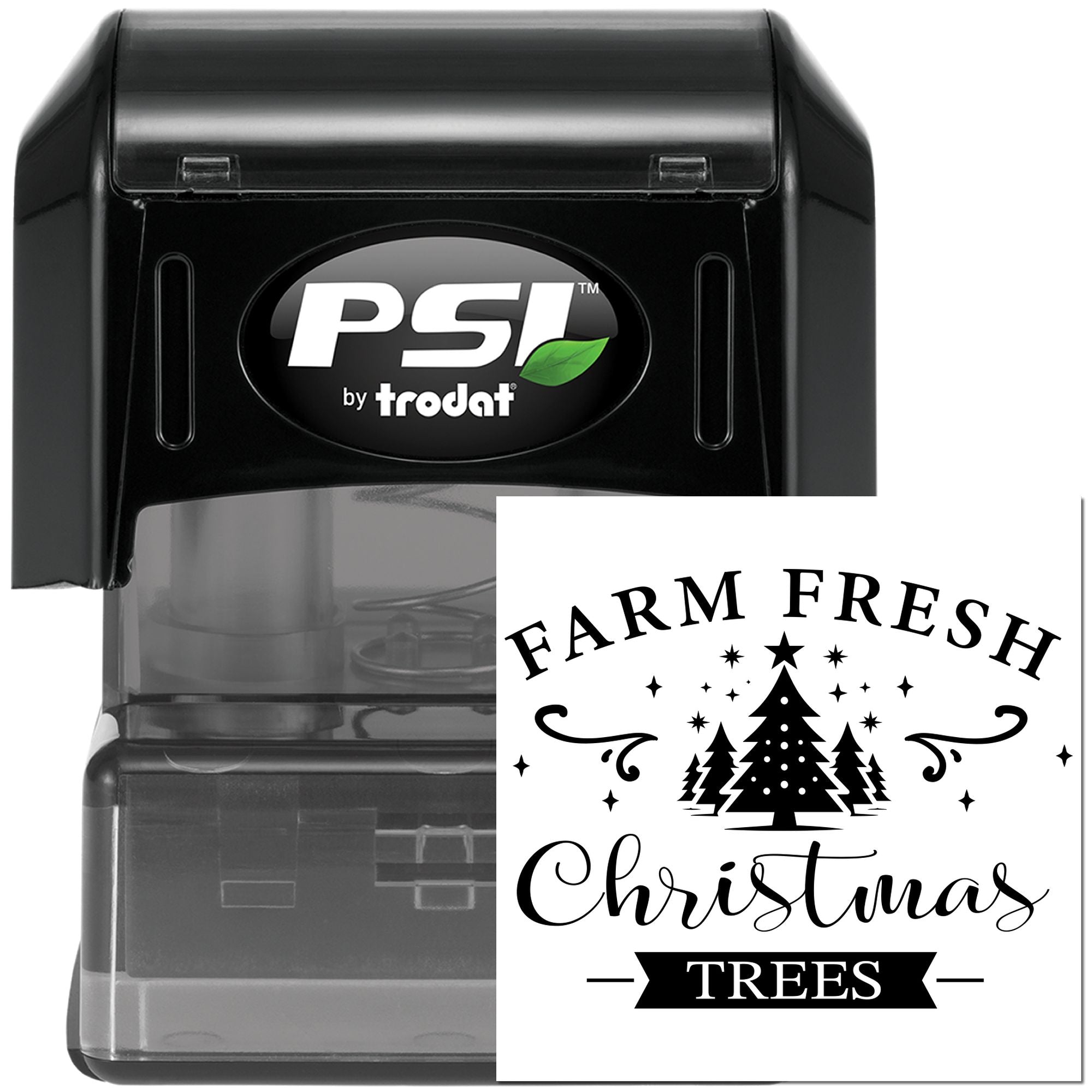 PSI by Trodat self-inking rubber stamp with Farm Fresh Christmas Trees design for custom holiday product labeling.