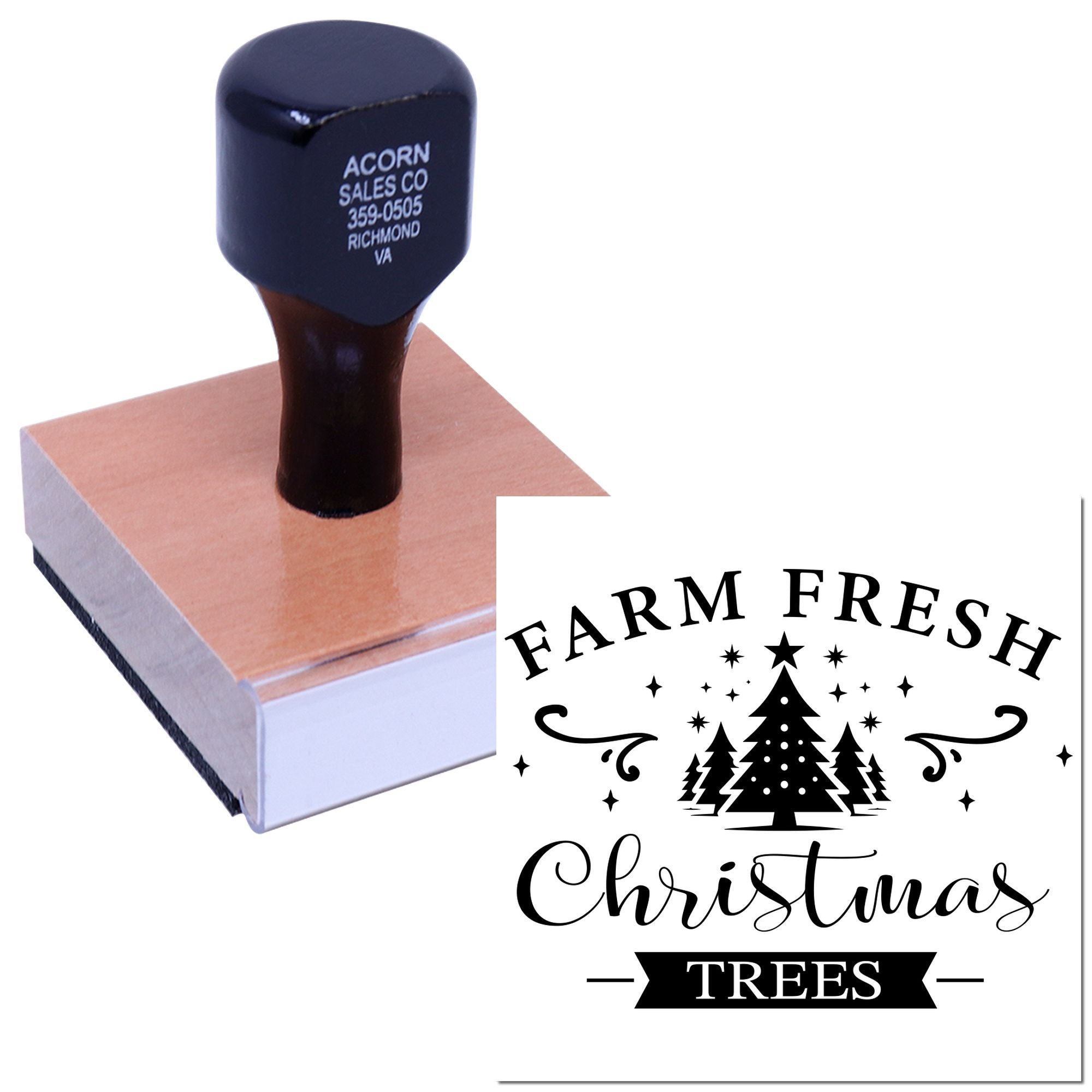 Custom rubber stamp for Farm Fresh Christmas Trees with festive tree logo for packaging, labels, and branding.