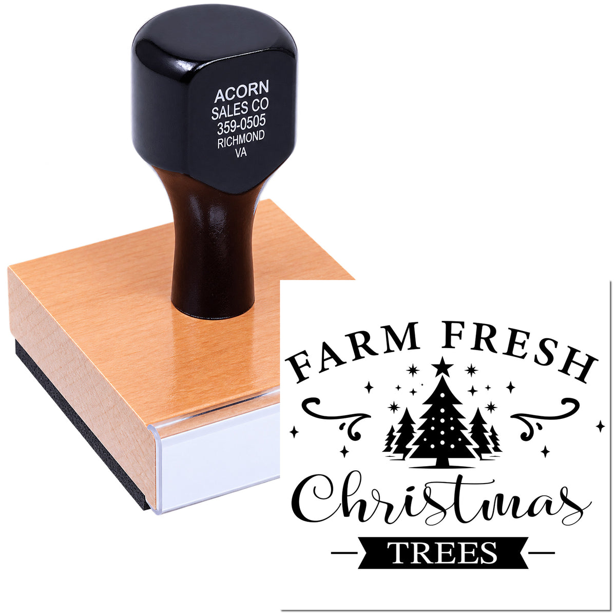 Custom rubber stamp for Farm Fresh Christmas Trees with festive tree logo for packaging, labels, and branding.