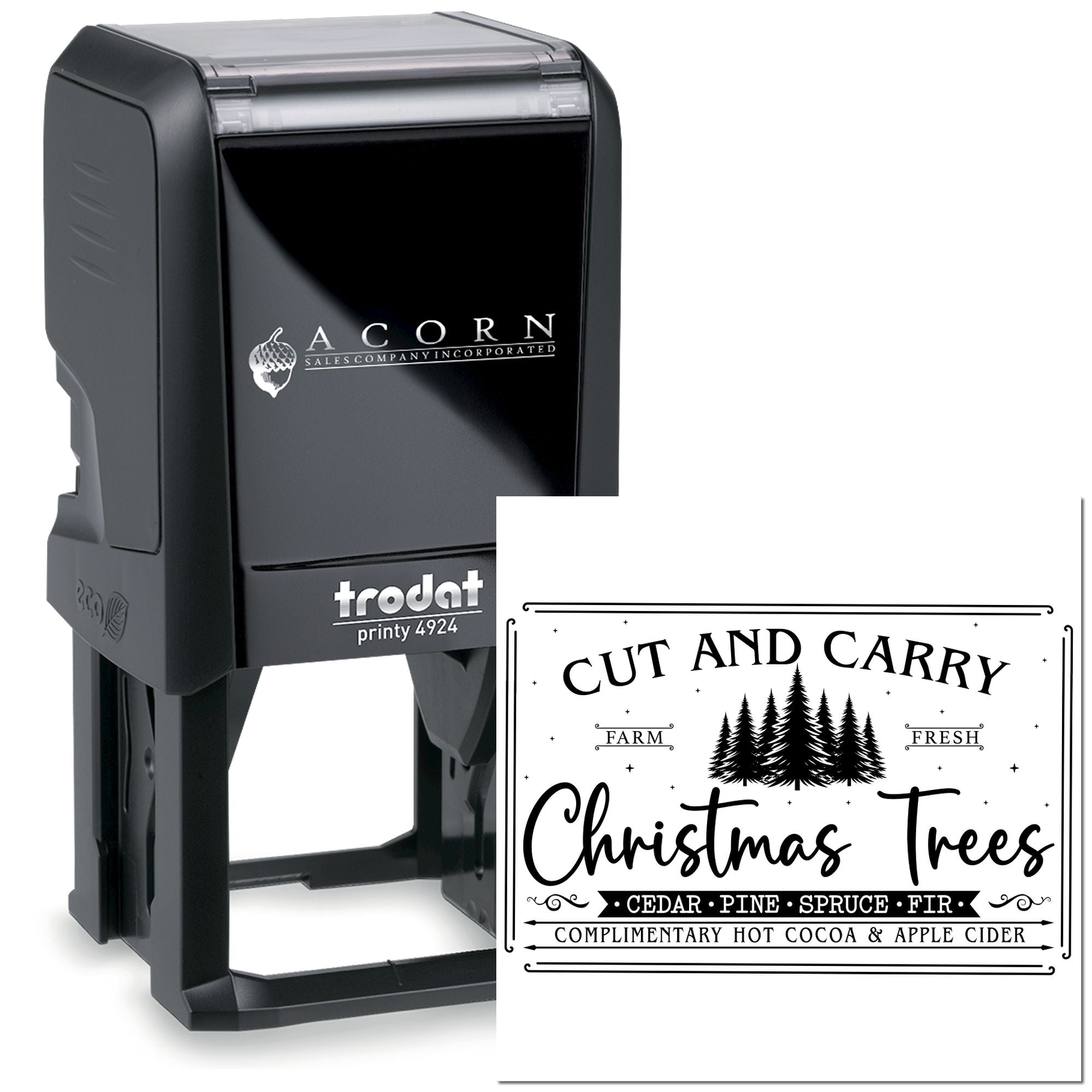 Custom self-inking rubber stamp with Cut and Carry Christmas Trees design for holiday farm branding.