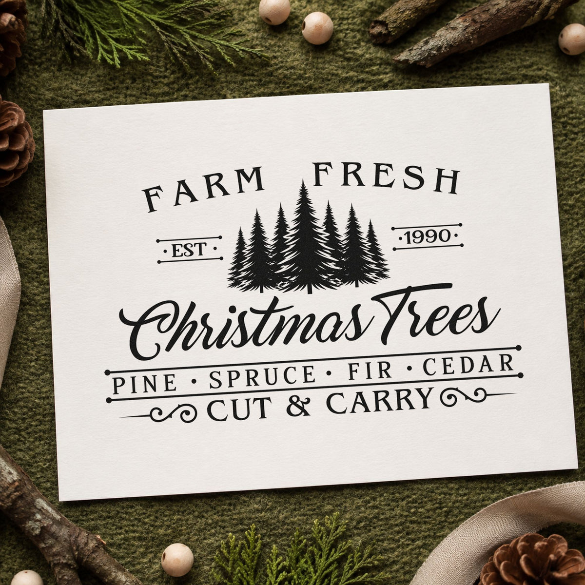 Farm Fresh Trees Est 1990 Pine Motif PSI Pre-Inked Stamp in use 4