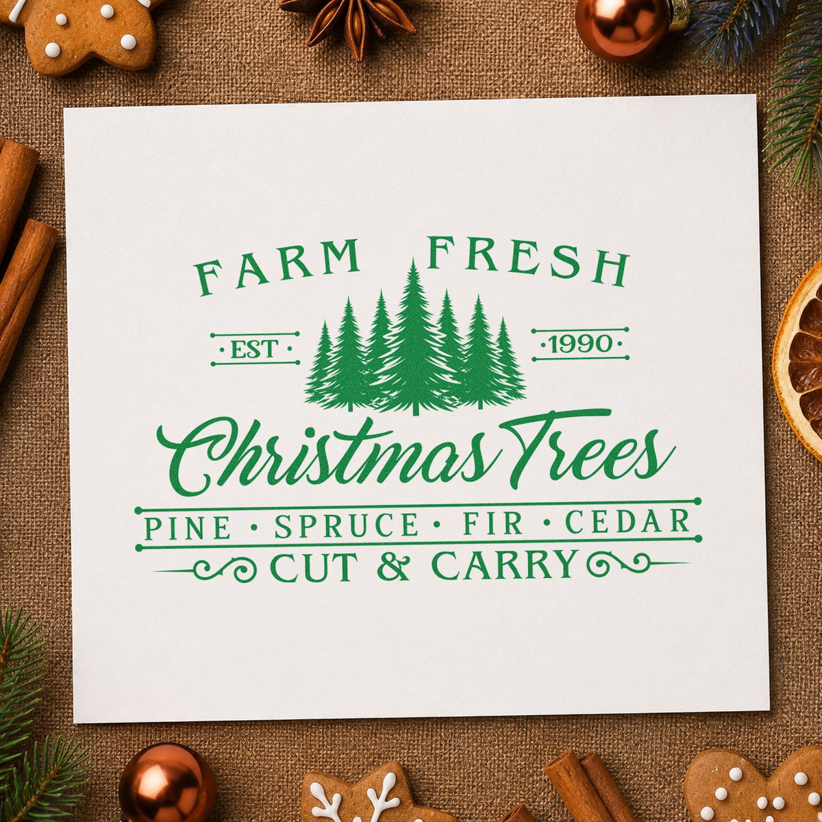 Farm Fresh Trees Est 1990 Pine Motif PSI Pre-Inked Stamp in use 6