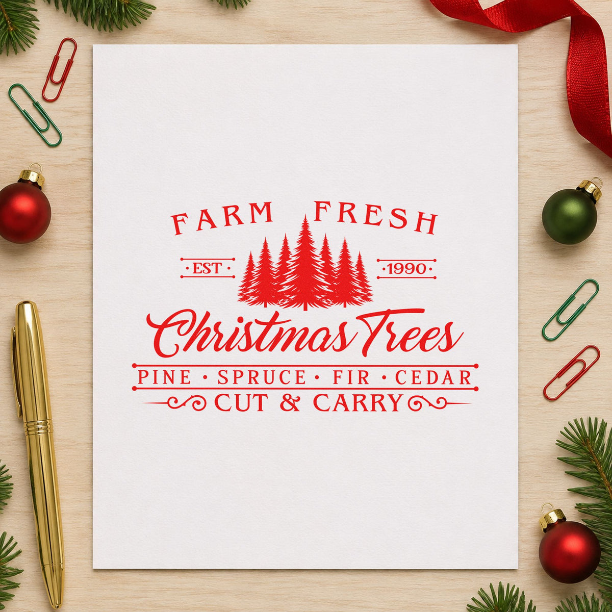 Farm Fresh Trees Est 1990 Pine Motif PSI Pre-Inked Stamp in use 7