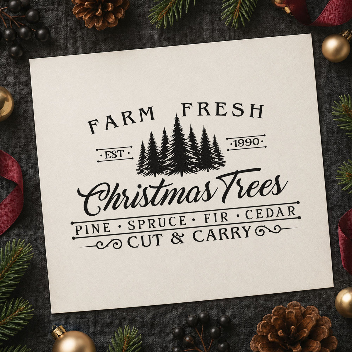 Farm Fresh Trees Est 1990 Pine Motif PSI Pre-Inked Stamp in use 9