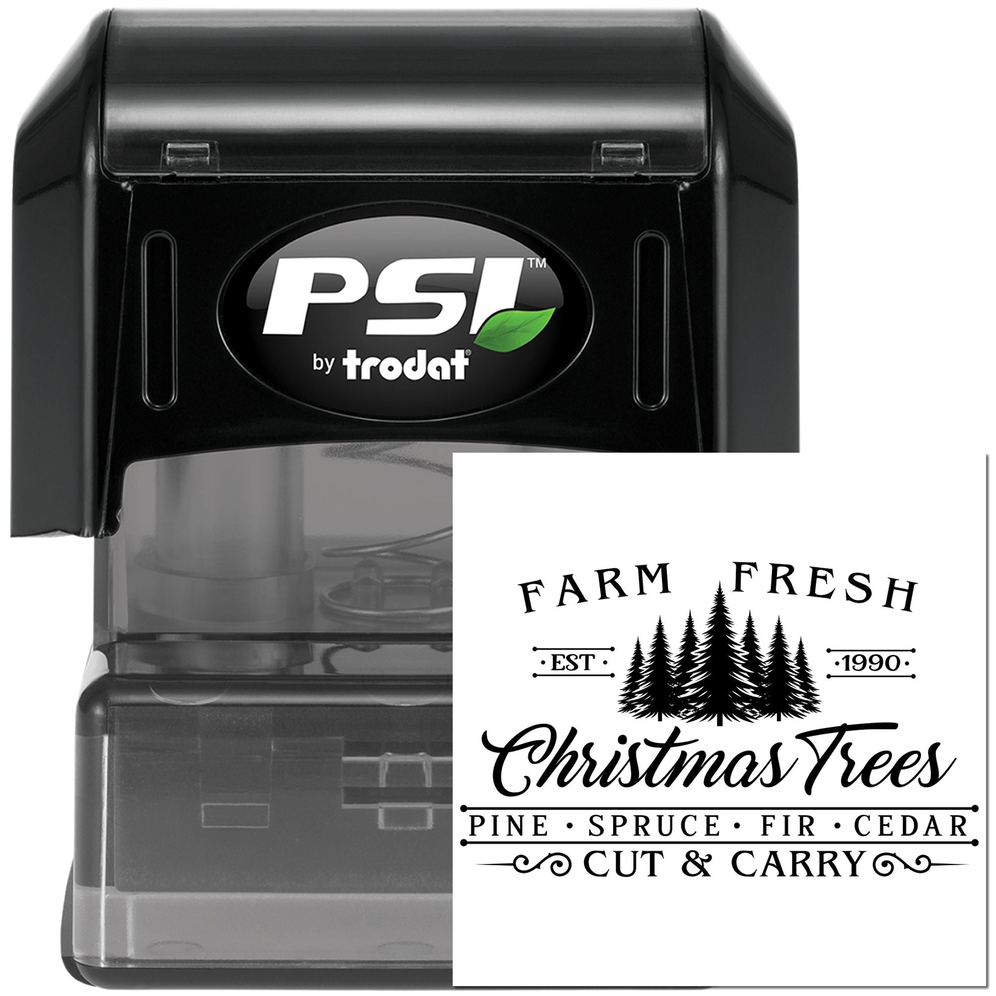 Custom self-inking PSI by Trodat rubber stamp with Farm Fresh Christmas Trees design for farm branding.