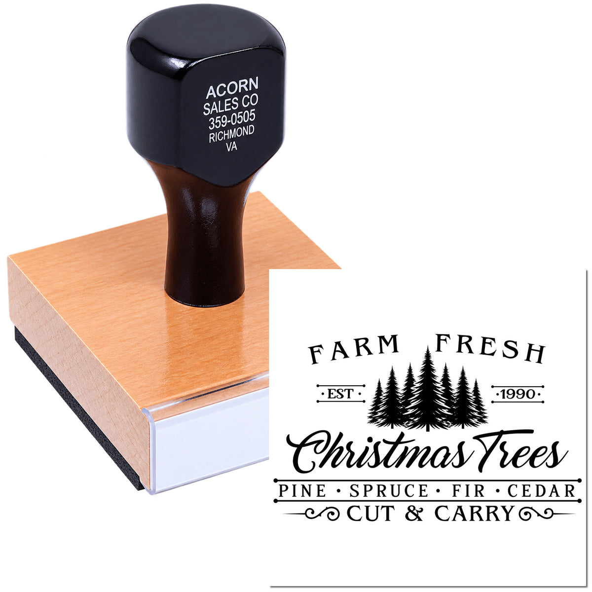 Custom rubber stamp for Farm Fresh Christmas Trees branding, featuring pine, spruce, fir, cedar and cut & carry design.
