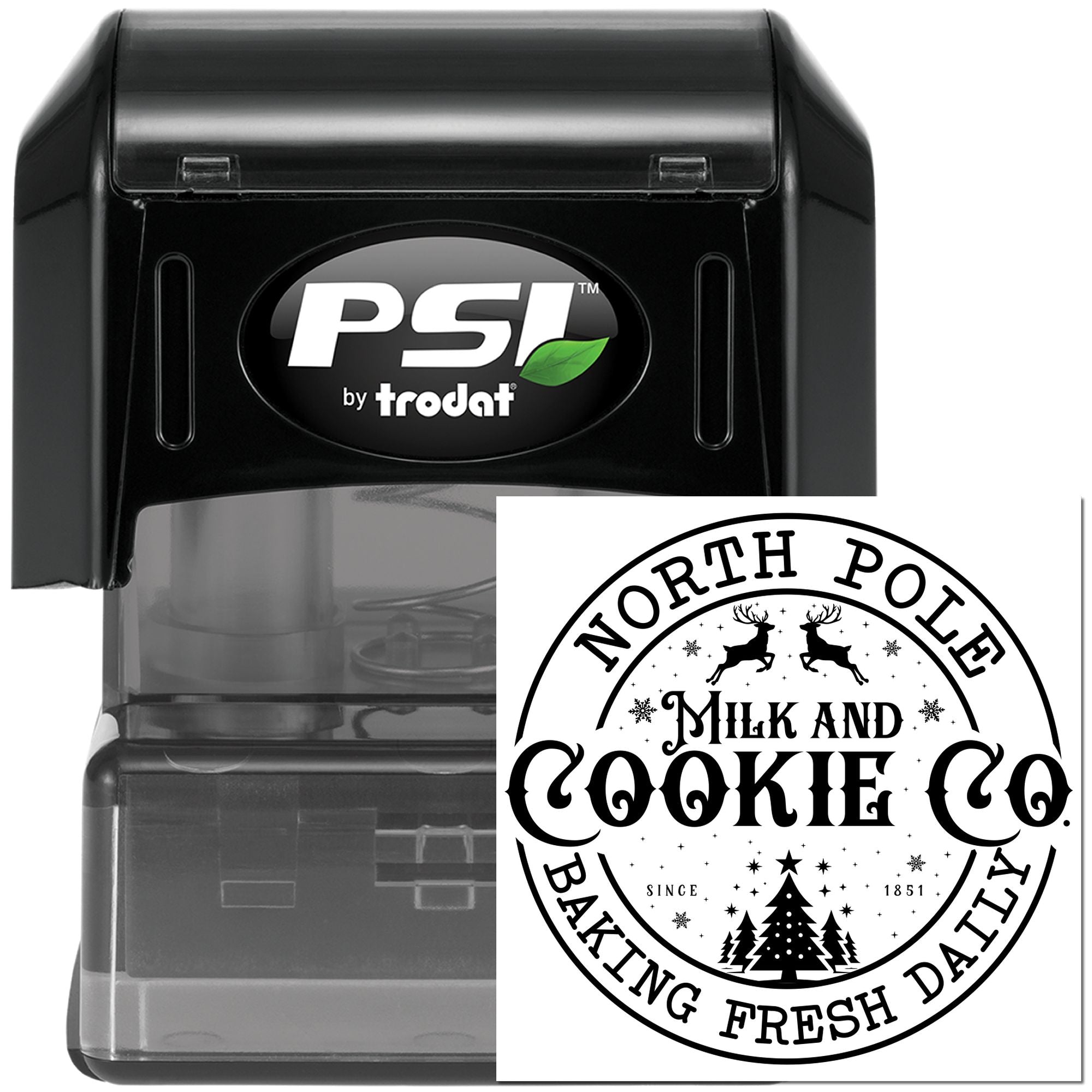 Custom self-inking rubber stamp by PSI Trodat featuring North Pole Milk and Cookie Baking Fresh Daily design