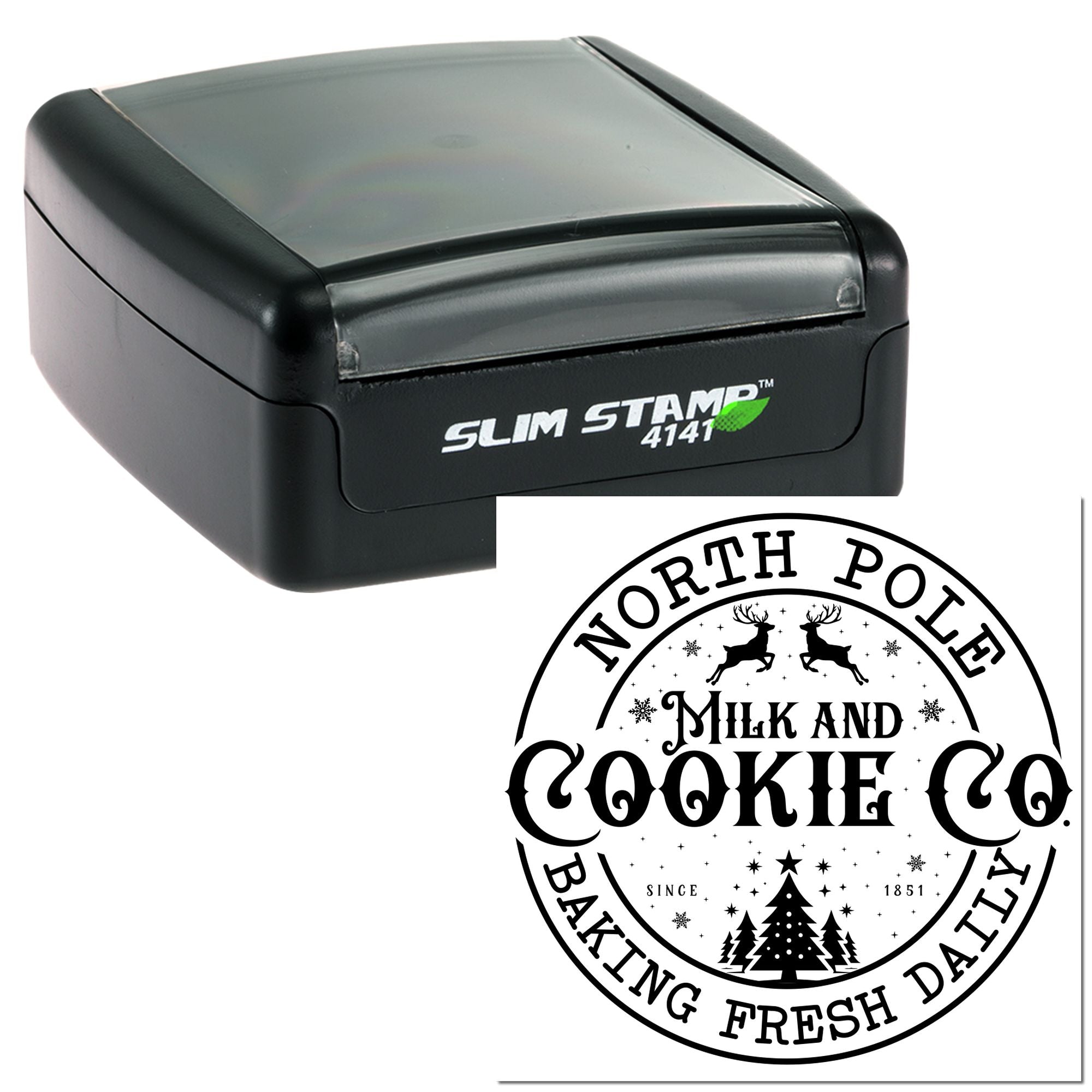 Slim Stamp 4141 self-inking rubber stamp with custom North Pole Milk and Cookie Co. bakery logo branding.