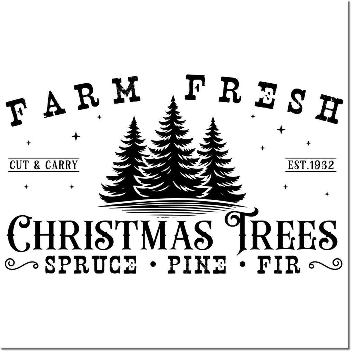 Farm Fresh Christmas Trees rubber stamp design with evergreen trees, spruce pine fir, and vintage holiday text.