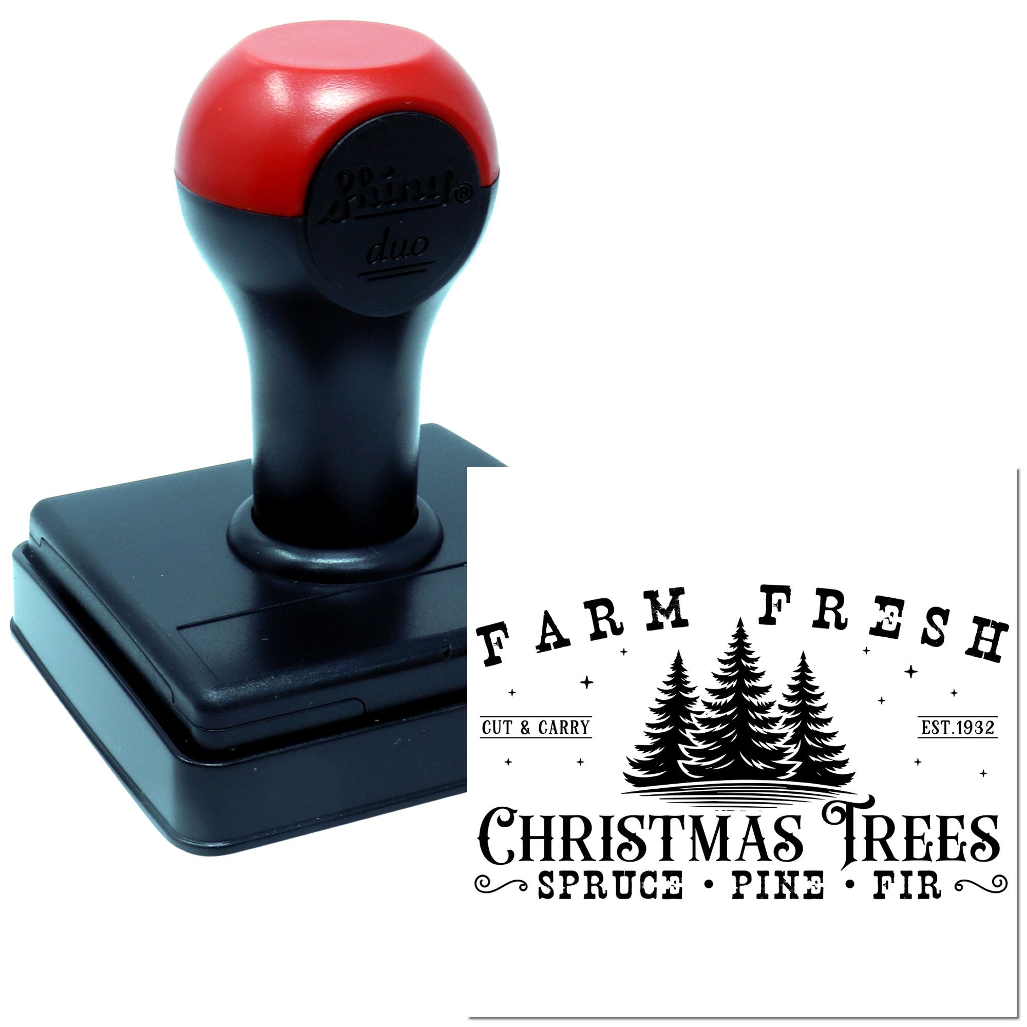 Self-inking rubber stamp with Farm Fresh Christmas Trees design for custom holiday branding and packaging.