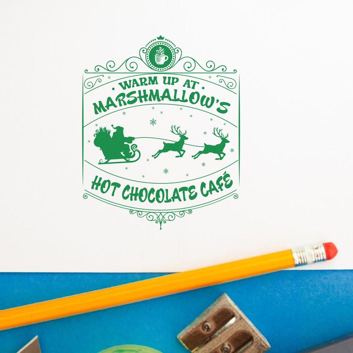 Marshmallow Hot Chocolate Cafe rubber stamp shown in green ink, stamped for projects such as cafe album page.