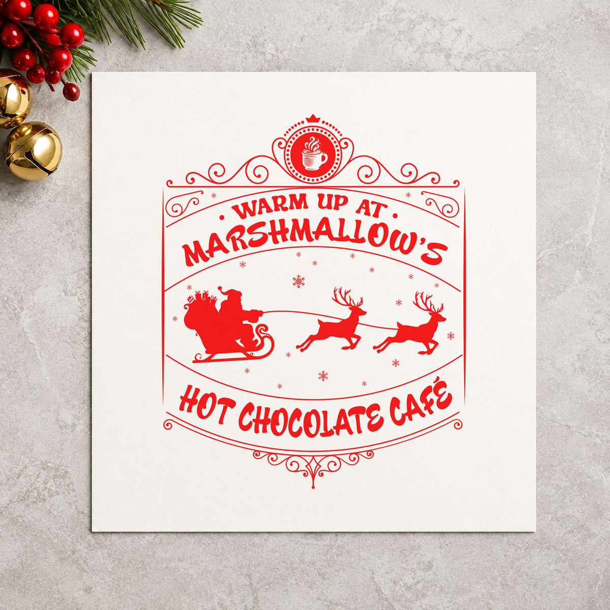 Marshmallow Hot Chocolate Cafe craft stamp in red ink on cardstock, an easy option for barista apron printing.