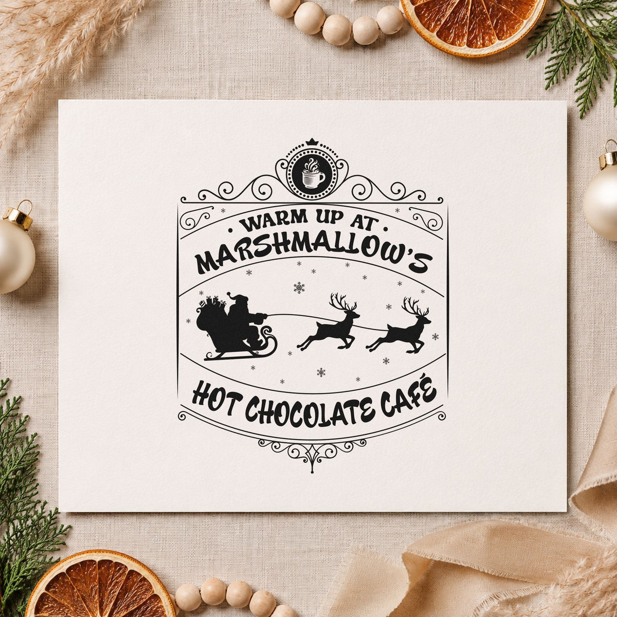Marshmallow Hot Chocolate Cafe rubber stamp printed in black ink, ready for flying sleigh cards and similar paper crafts.