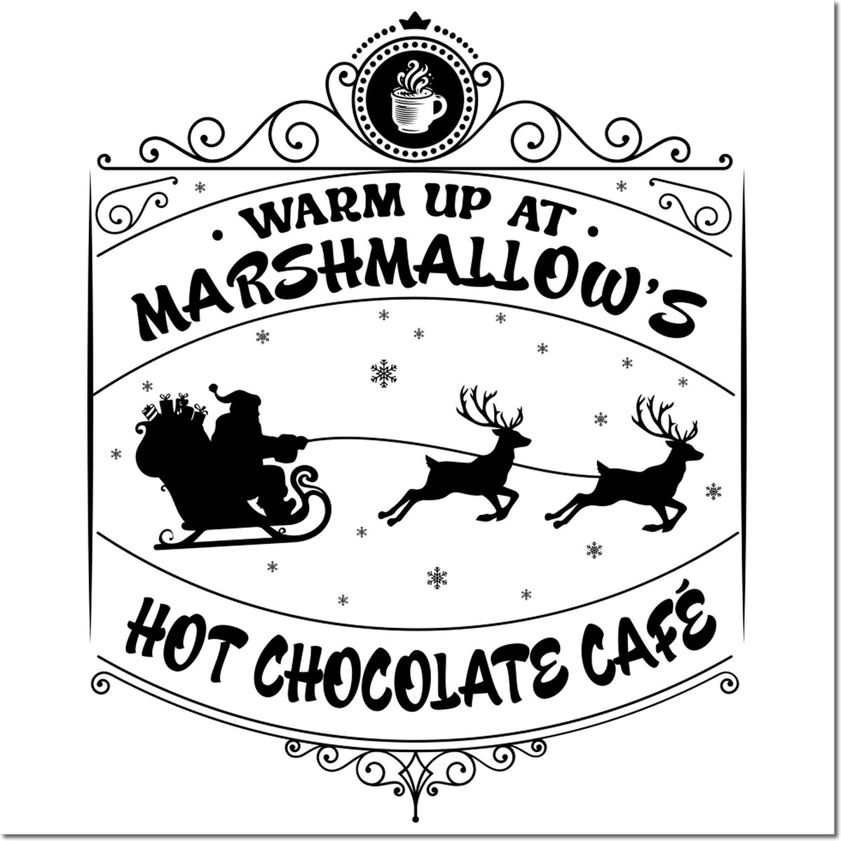 Decorative rubber stamp design for Marshmallows Hot Chocolate Cafe with Santa sleigh, reindeer, and steaming cocoa cup.