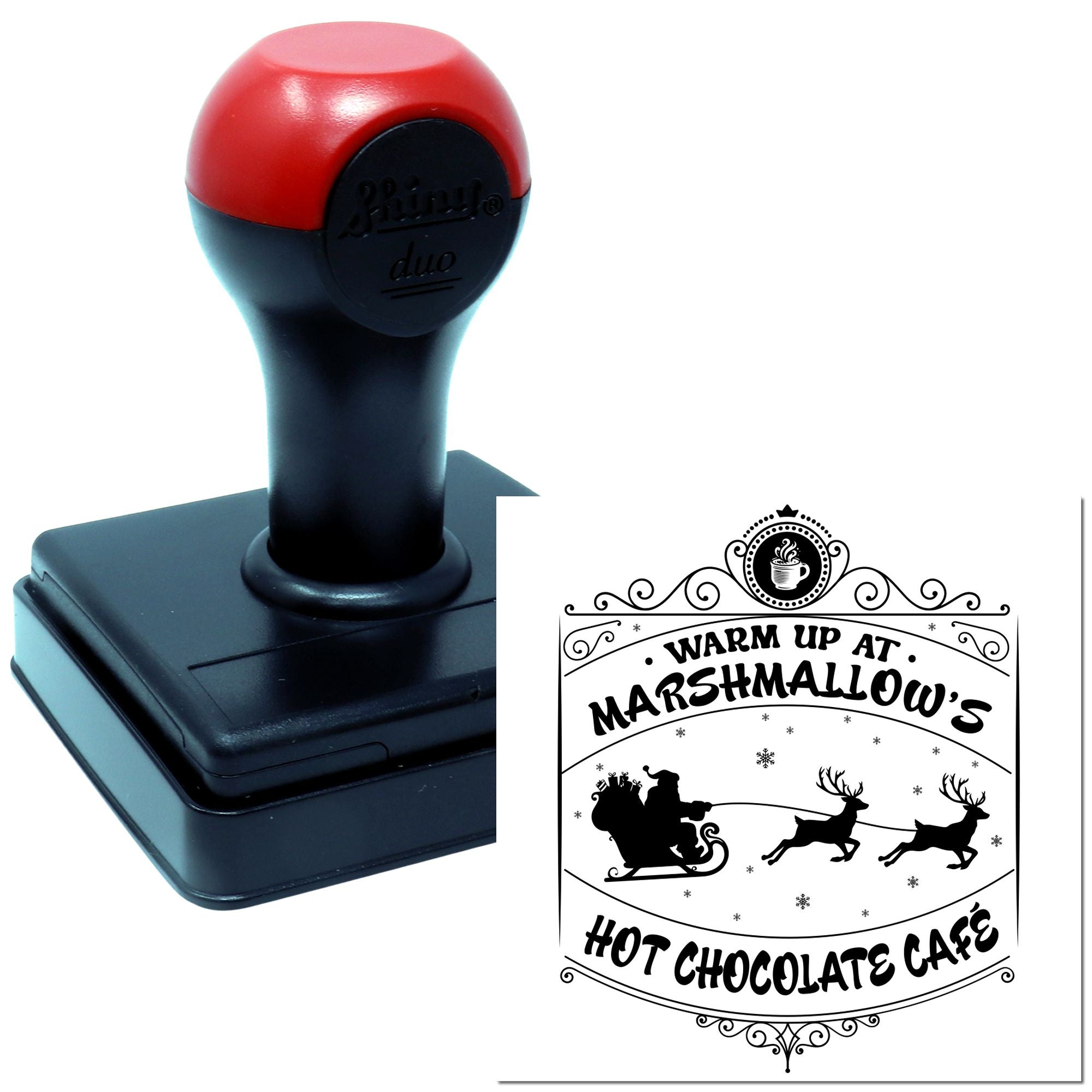 Self-inking rubber stamp with Warm Up at Marshmallows Hot Chocolate Cafe holiday design for seasonal caf branding.