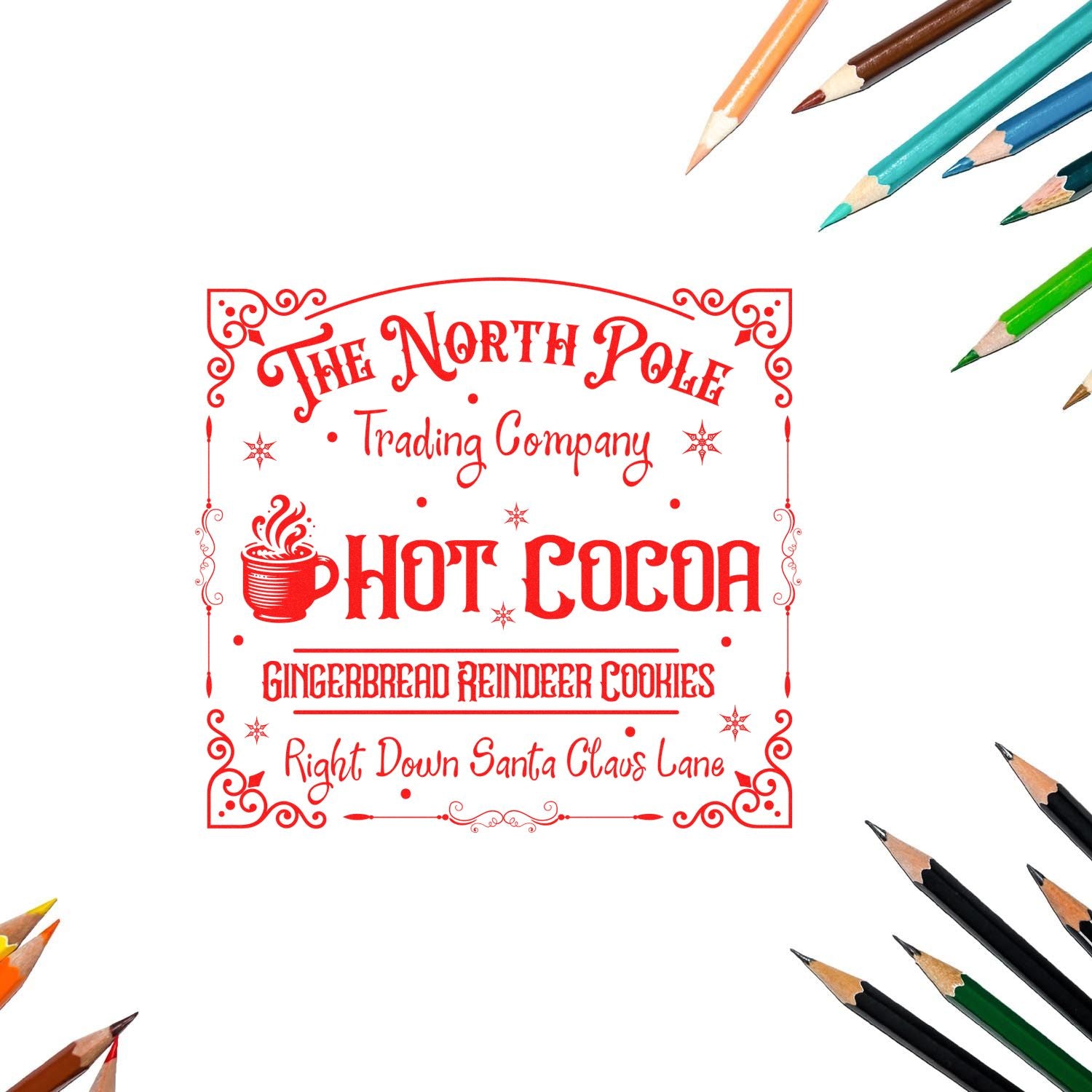 Christmas rubber stamp design for The North Pole Trading Company, featuring hot cocoa, gingerbread cookies, and Santa Claus Lane.