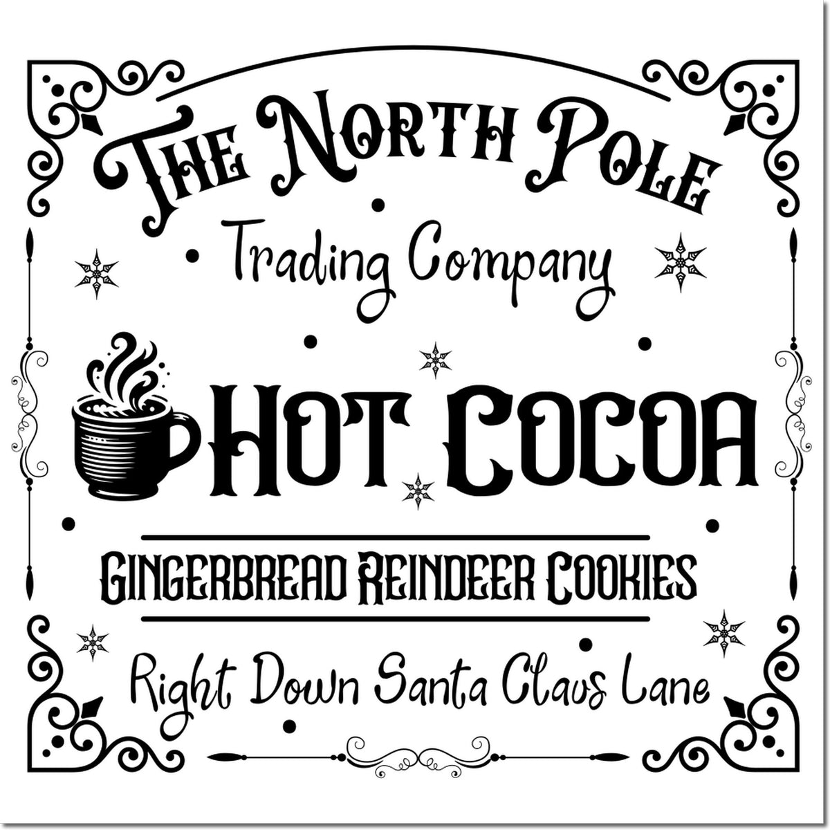Vintage North Pole Trading Company hot cocoa rubber stamp for gingerbread, reindeer cookies and Christmas baking.