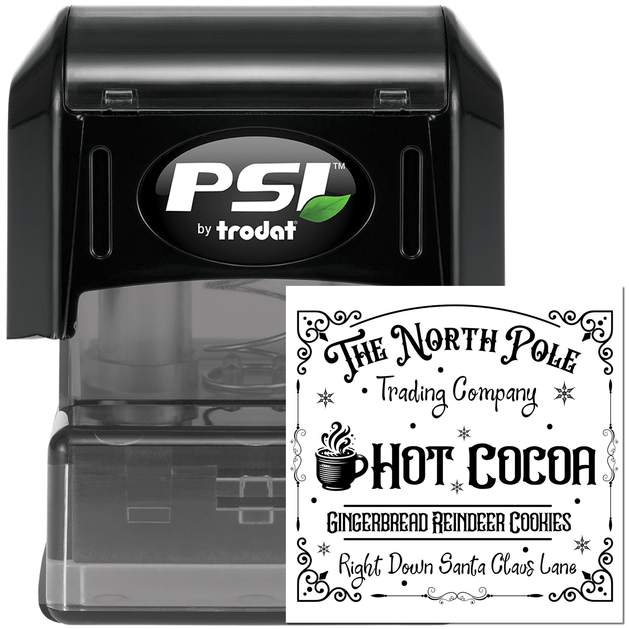 Self-inking PSI by Trodat custom rubber stamp with holiday logo for The North Pole Trading Company hot cocoa.