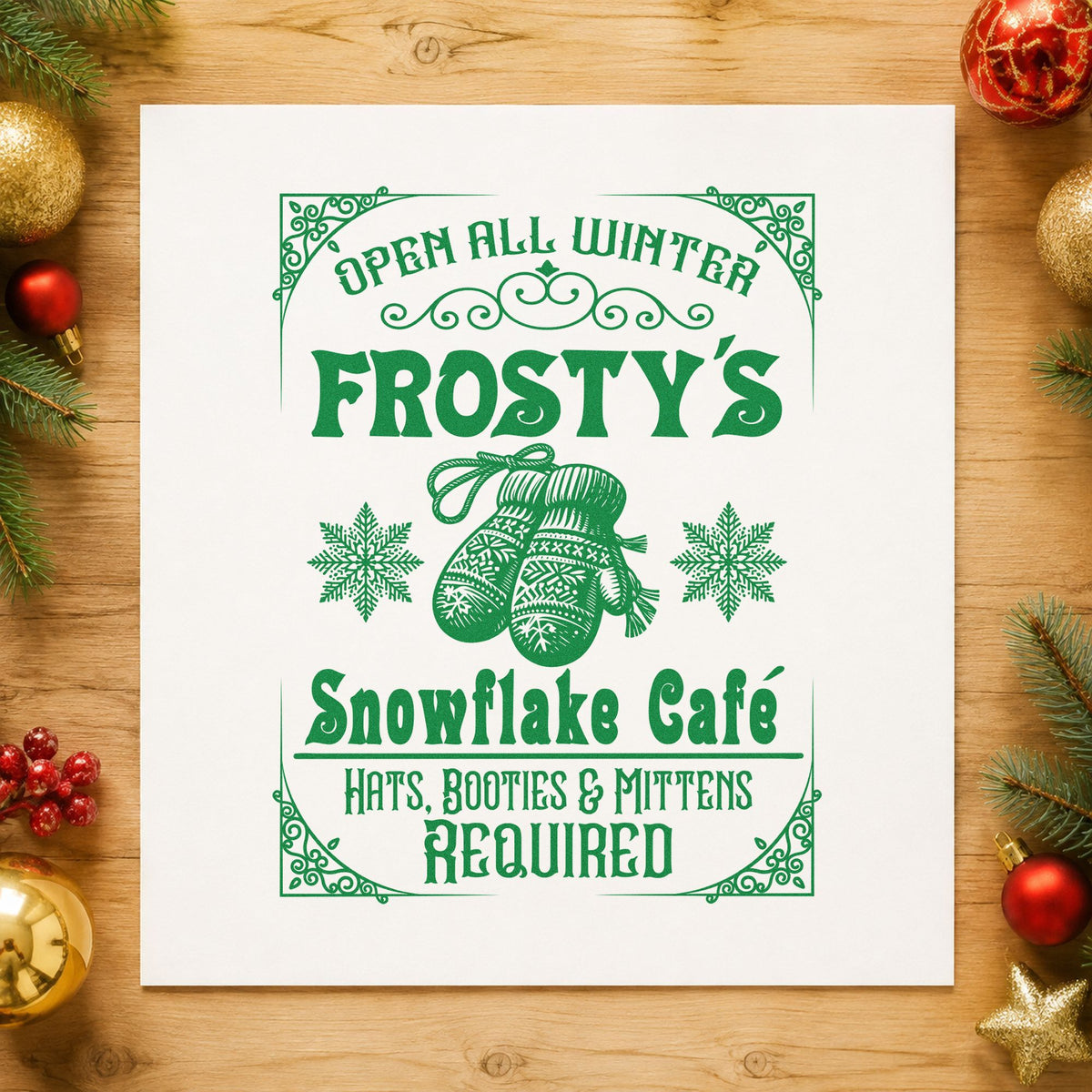 Frosty's Snowflake Cafe Sign craft stamp in green ink on cardstock, an easy option for outfit album page.