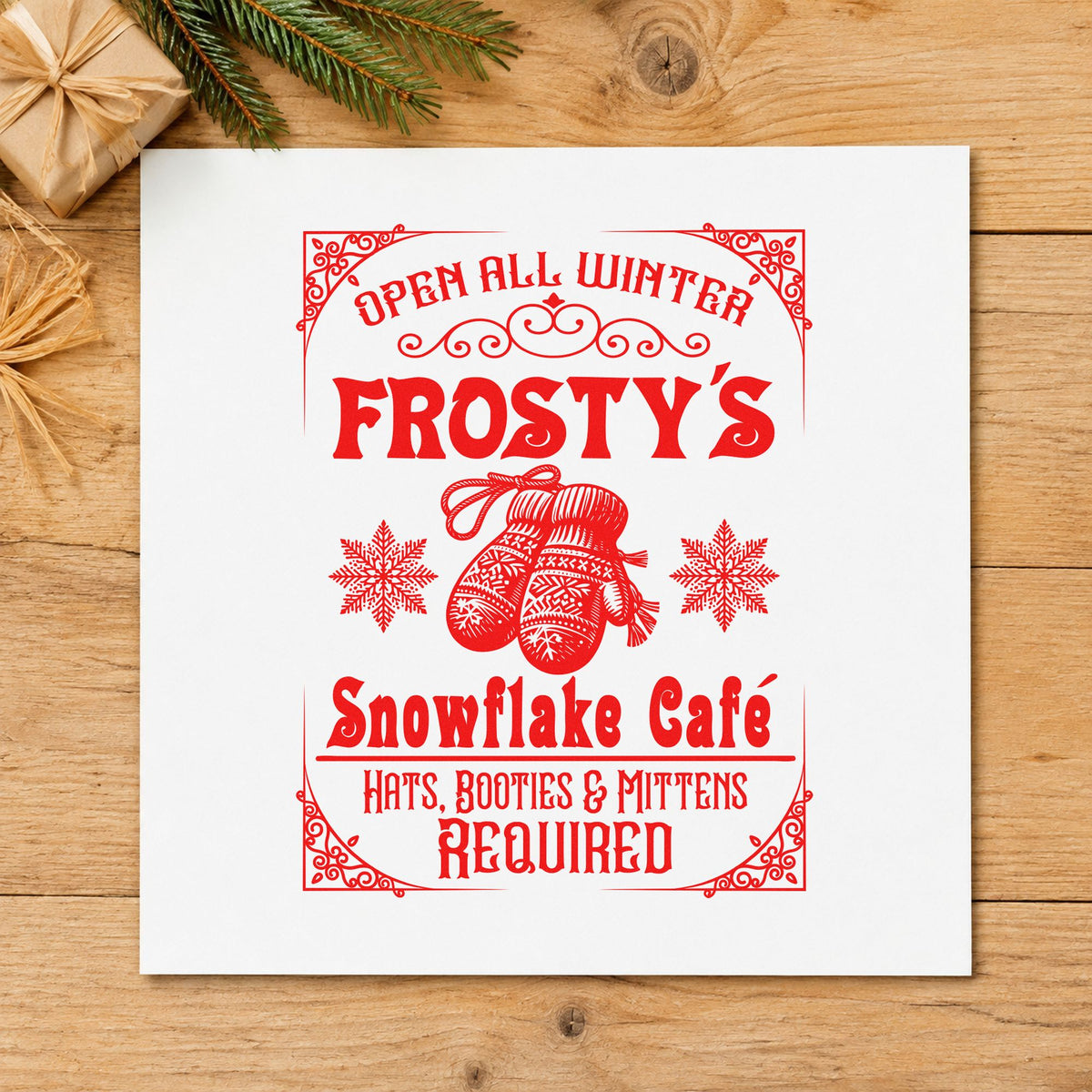 Frosty's Snowflake Cafe Sign rubber stamp shown in red ink, stamped for projects such as hook row labels.