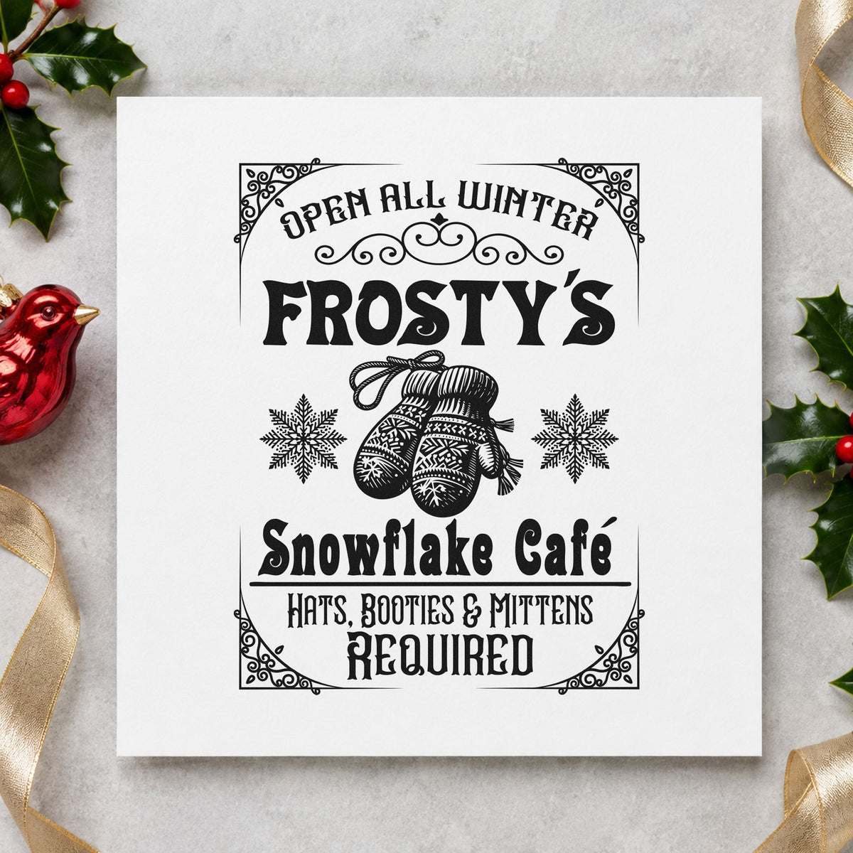 Frosty's Snowflake Cafe Sign rubber stamp printed in black ink, ready for dress code cards and similar paper crafts.