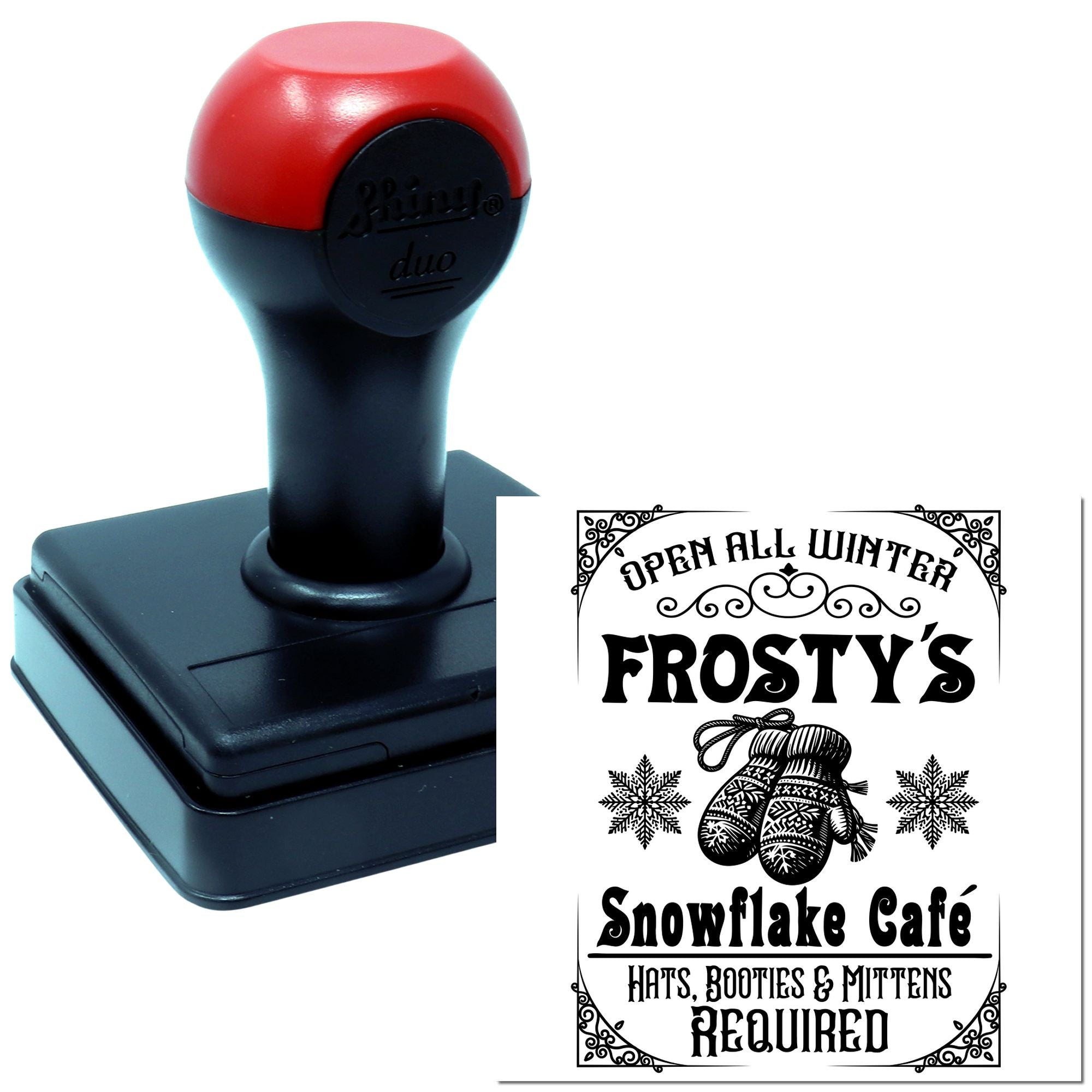 Custom self-inking rubber stamp for Frostys Snowflake Cafe, with Open All Winter and hats, booties & mittens required message.