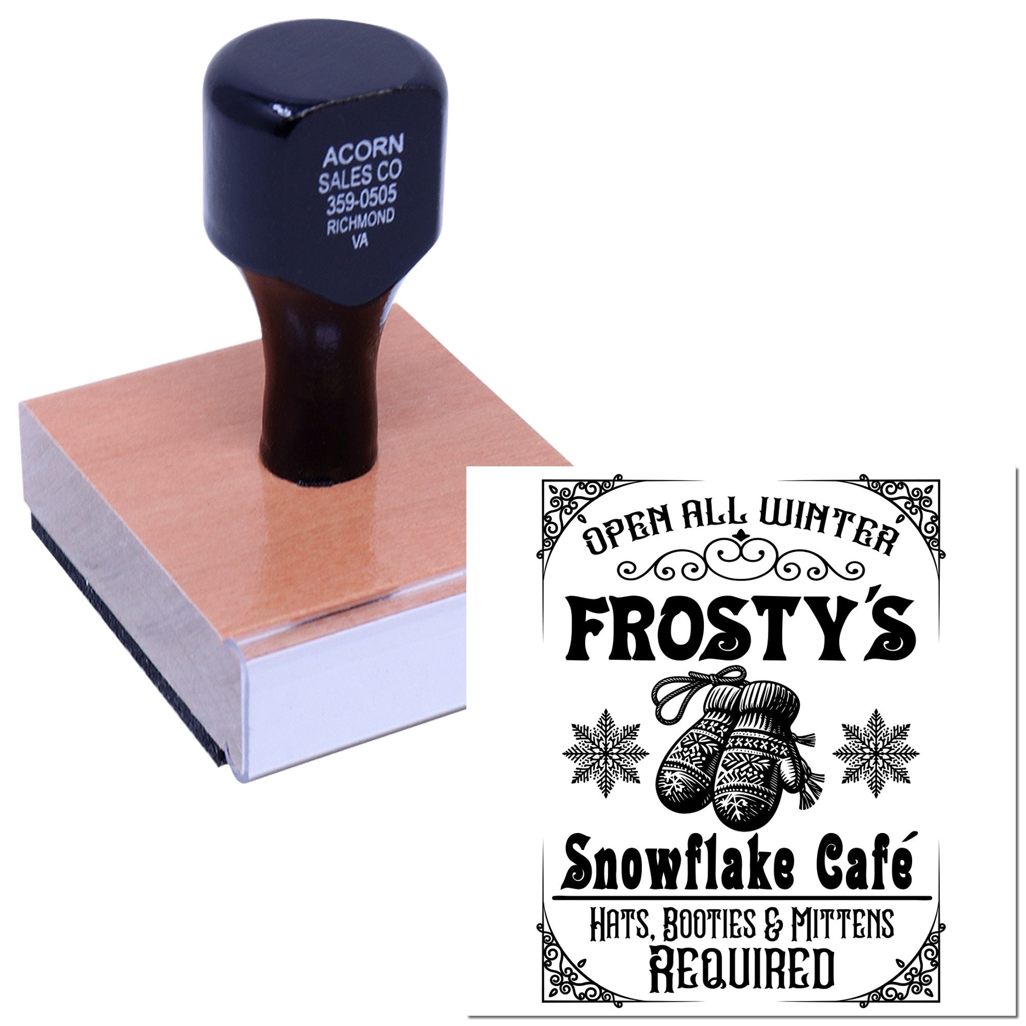 Custom rubber stamp for Frostys Snowflake Cafe, featuring an Open All Winter sign with hats, booties and mittens required.