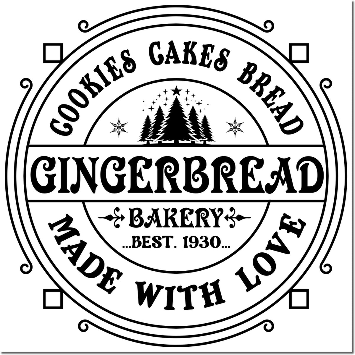 Gingerbread bakery rubber stamp design with vintage circular logo, cookies, cakes, bread and love text