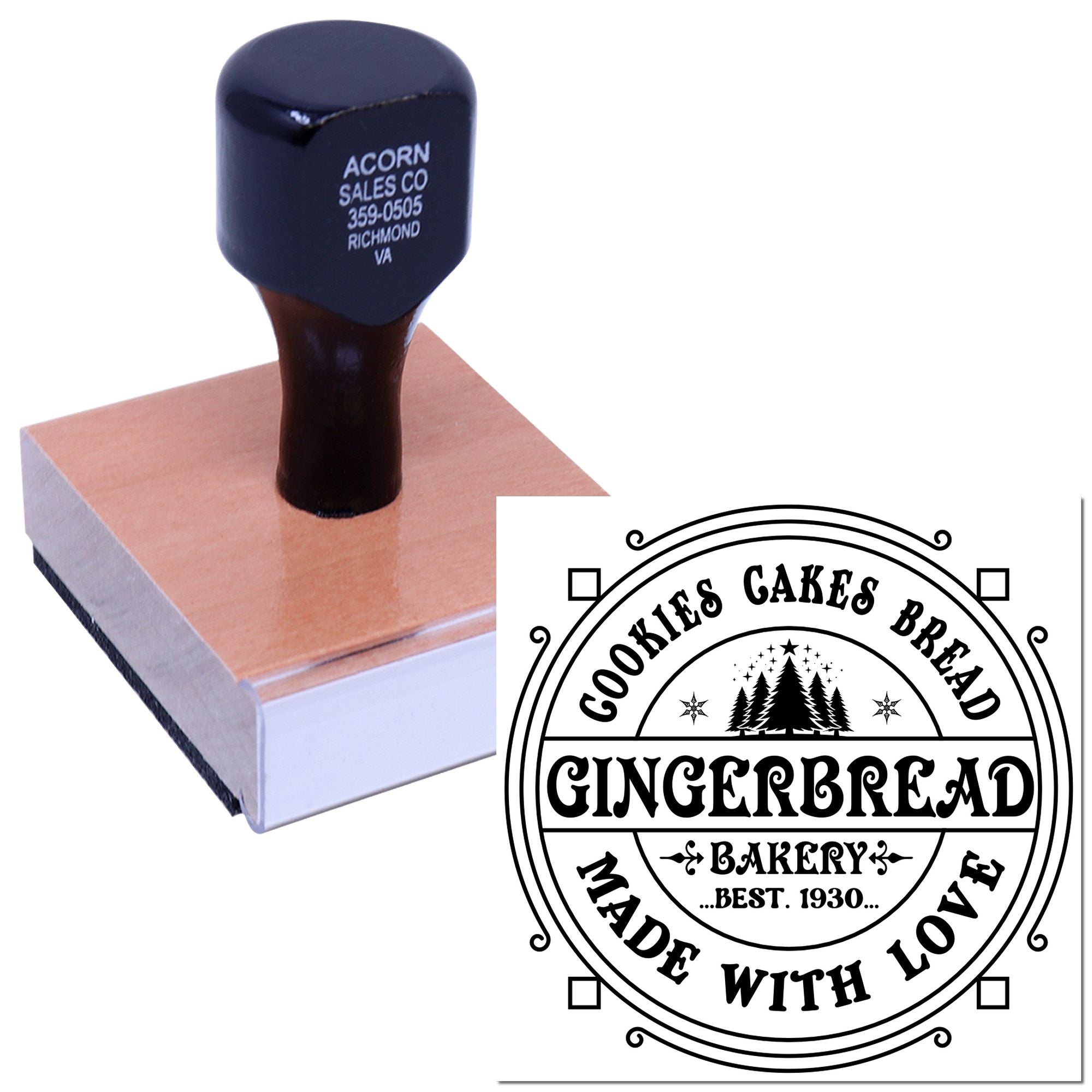Custom rubber stamp for Gingerbread Cookies Bakery, featuring a Made With Love logo design for baked goods packaging.