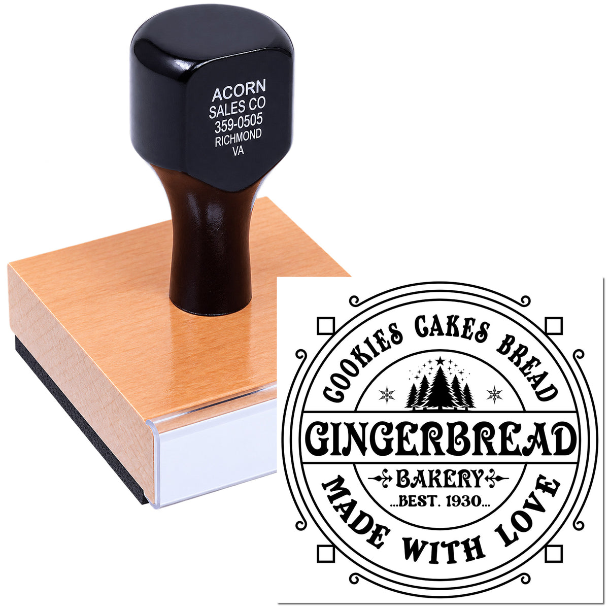 Custom rubber stamp for Gingerbread Cookies Bakery, featuring a Made With Love logo design for baked goods packaging.
