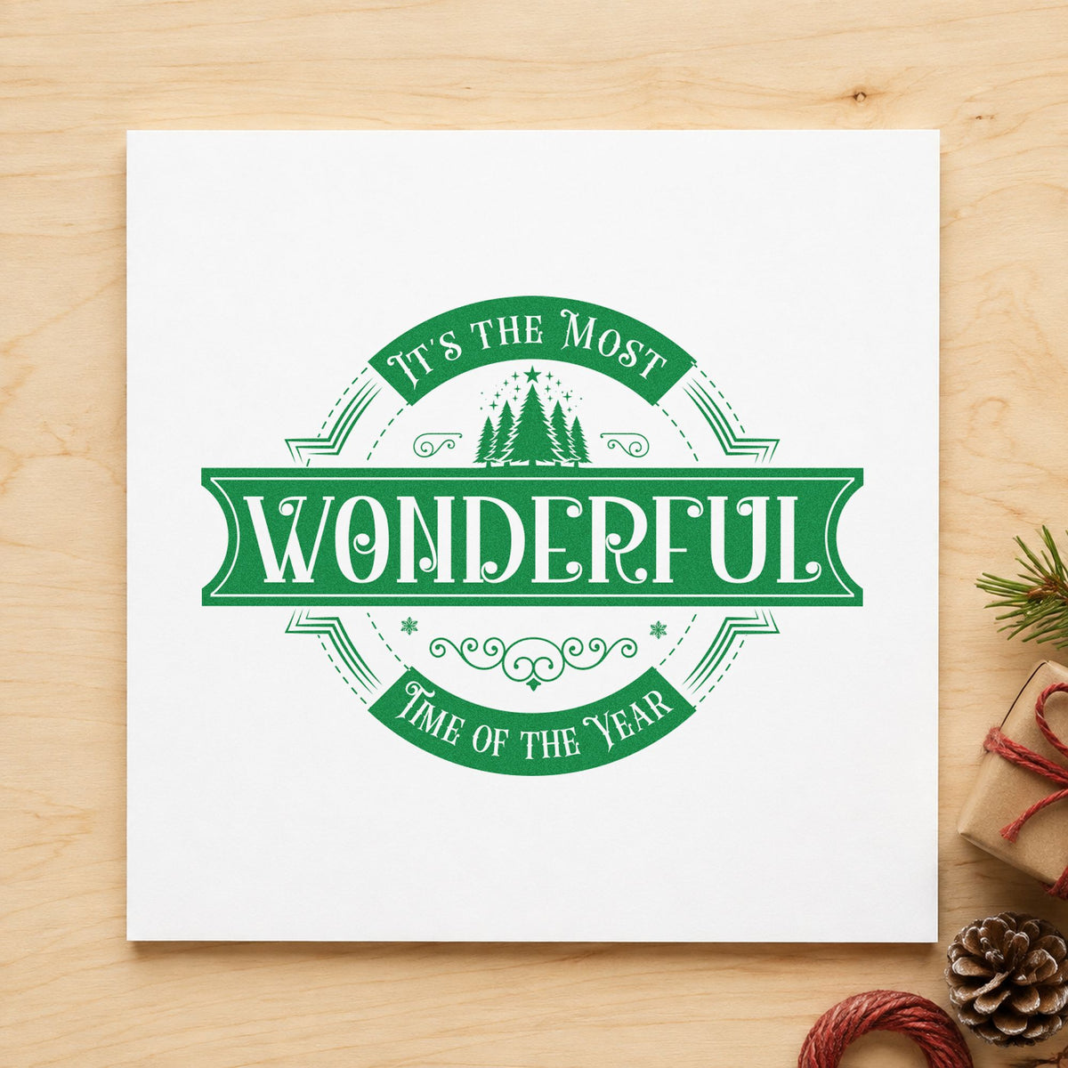 Most Wonderful Time Badge craft stamp in green ink on cardstock, an easy option for season quote album.