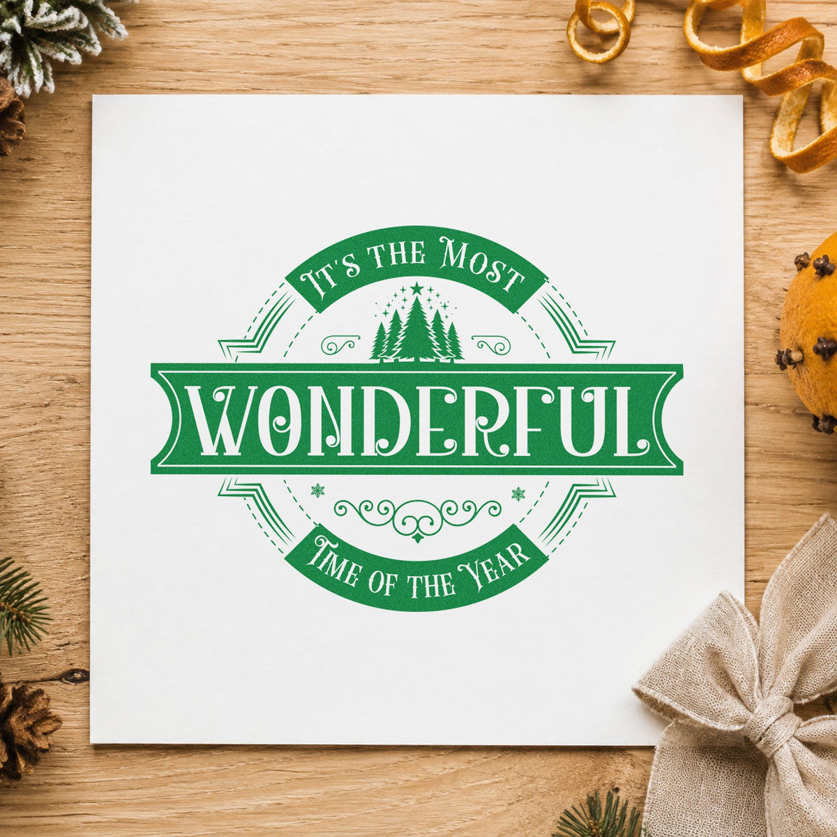 Most Wonderful Time Badge craft stamp imprinted in green ink on paper, a design suited to framed plate wall.