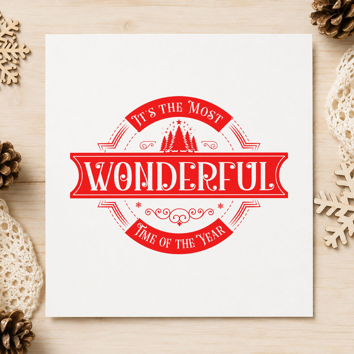 Most Wonderful Time Badge rubber stamp shown in red ink, stamped for projects such as lid top labels.