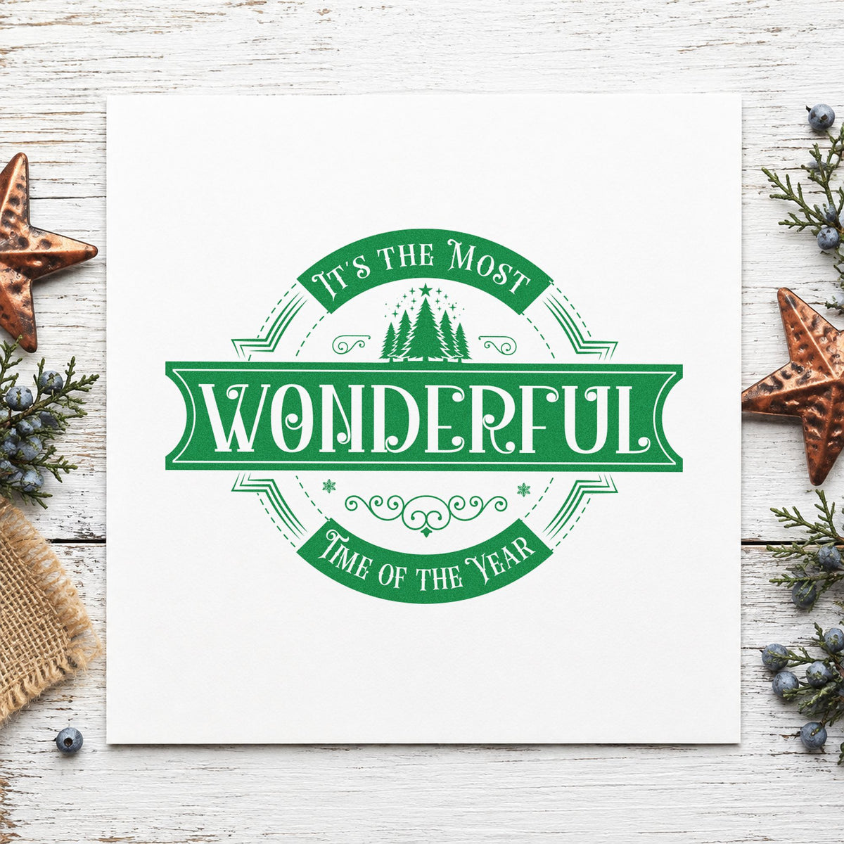 Most Wonderful Time Badge craft stamp imprint in green ink on a handmade project, one idea being program round cards.