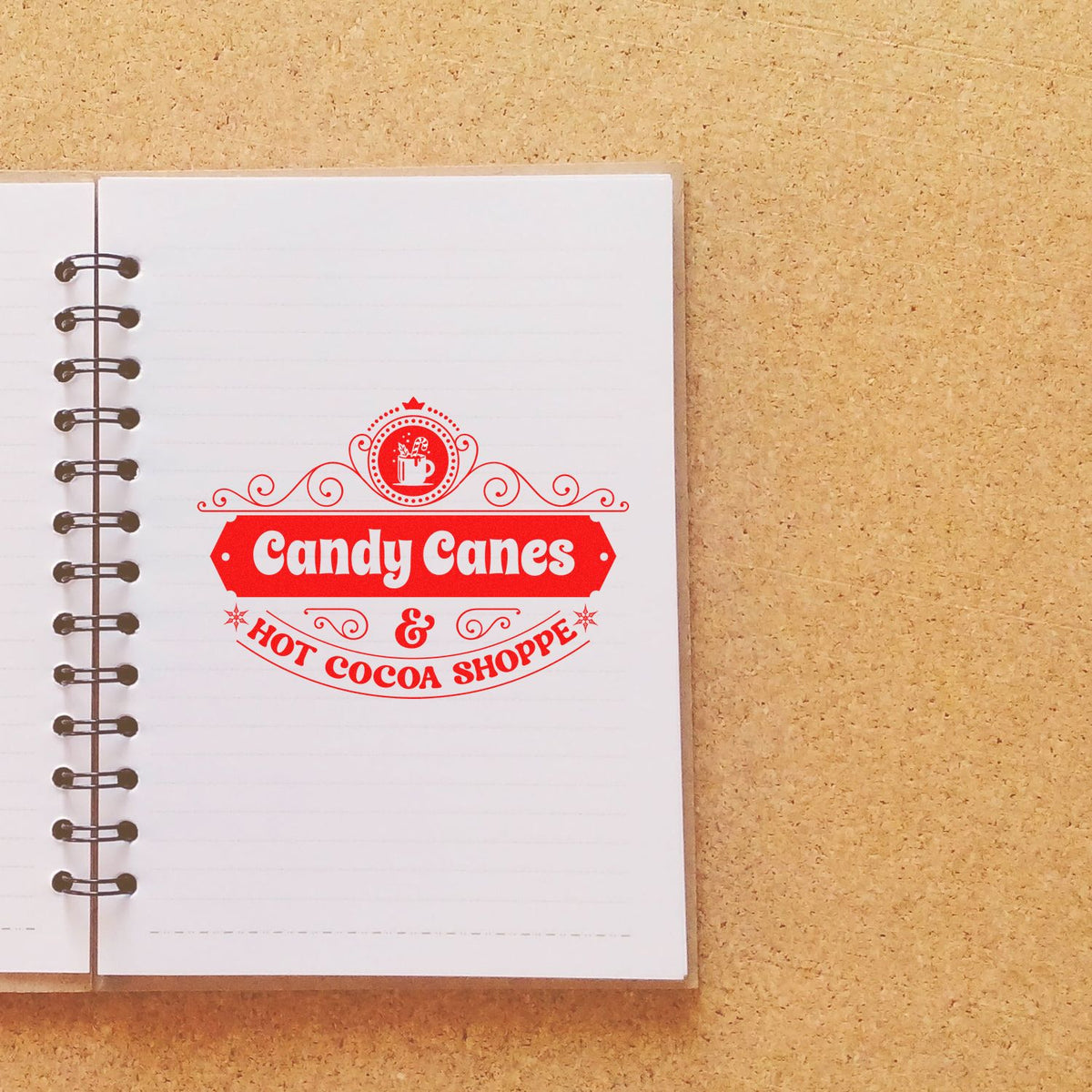 Candy Canes Hot Cocoa Shoppe rubber stamp shown in red ink, stamped for projects such as sweets album page.