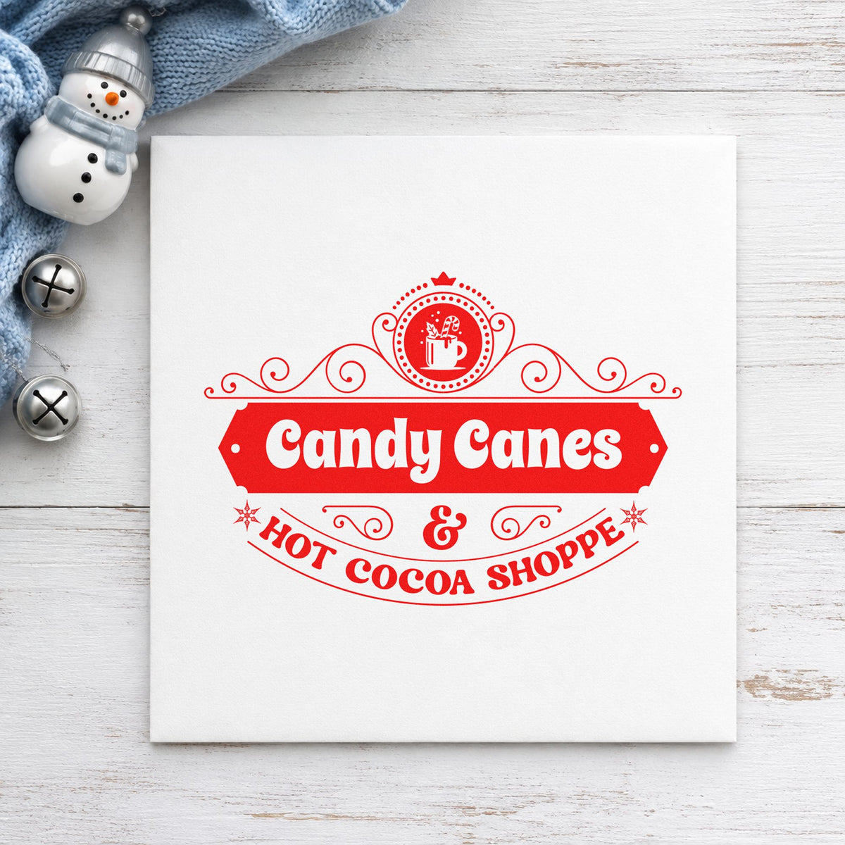 Candy Canes Hot Cocoa Shoppe craft stamp in red ink on cardstock, an easy option for awning cloth printing.