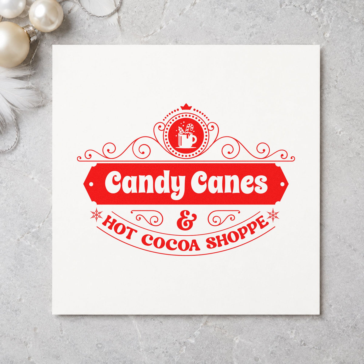 Candy Canes Hot Cocoa Shoppe rubber stamp shown in red ink, stamped for projects such as jar scoop labels.
