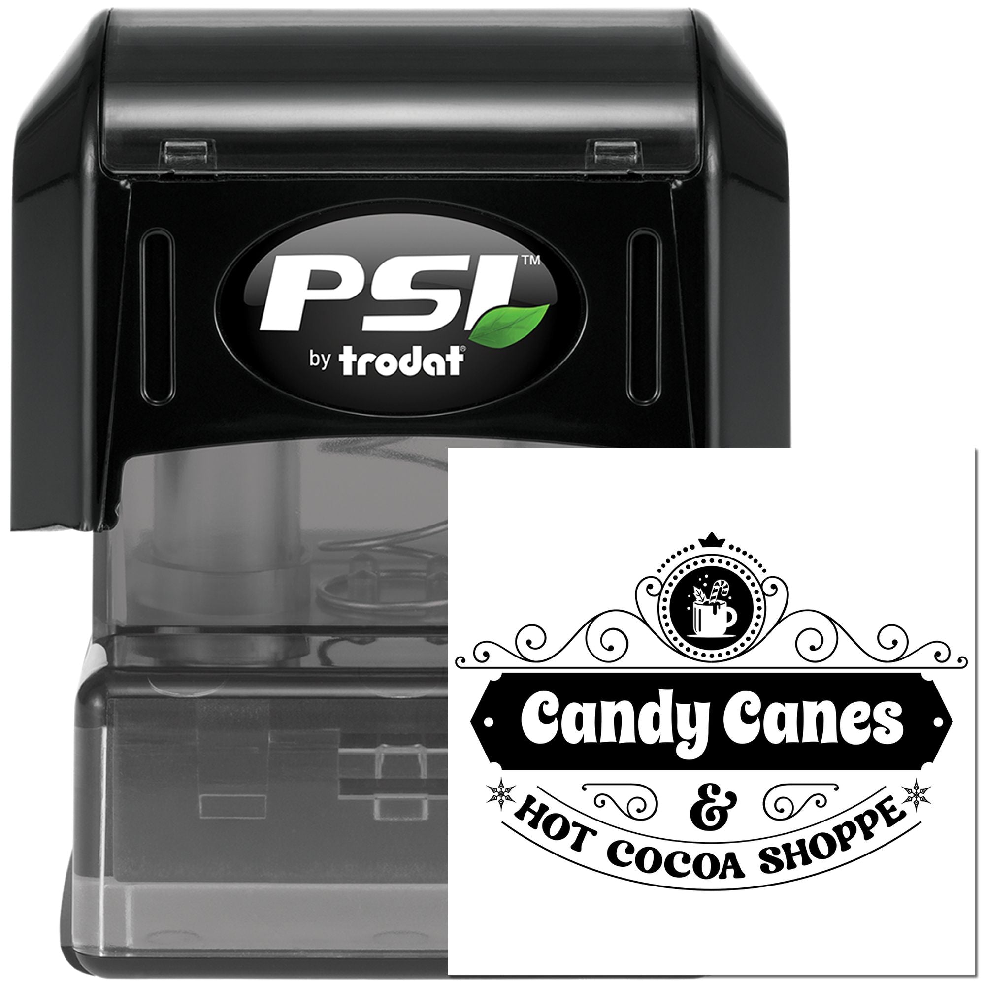 PSI by Trodat self-inking rubber stamp with Candy Canes & Hot Cocoa Shoppe holiday design for custom seasonal branding