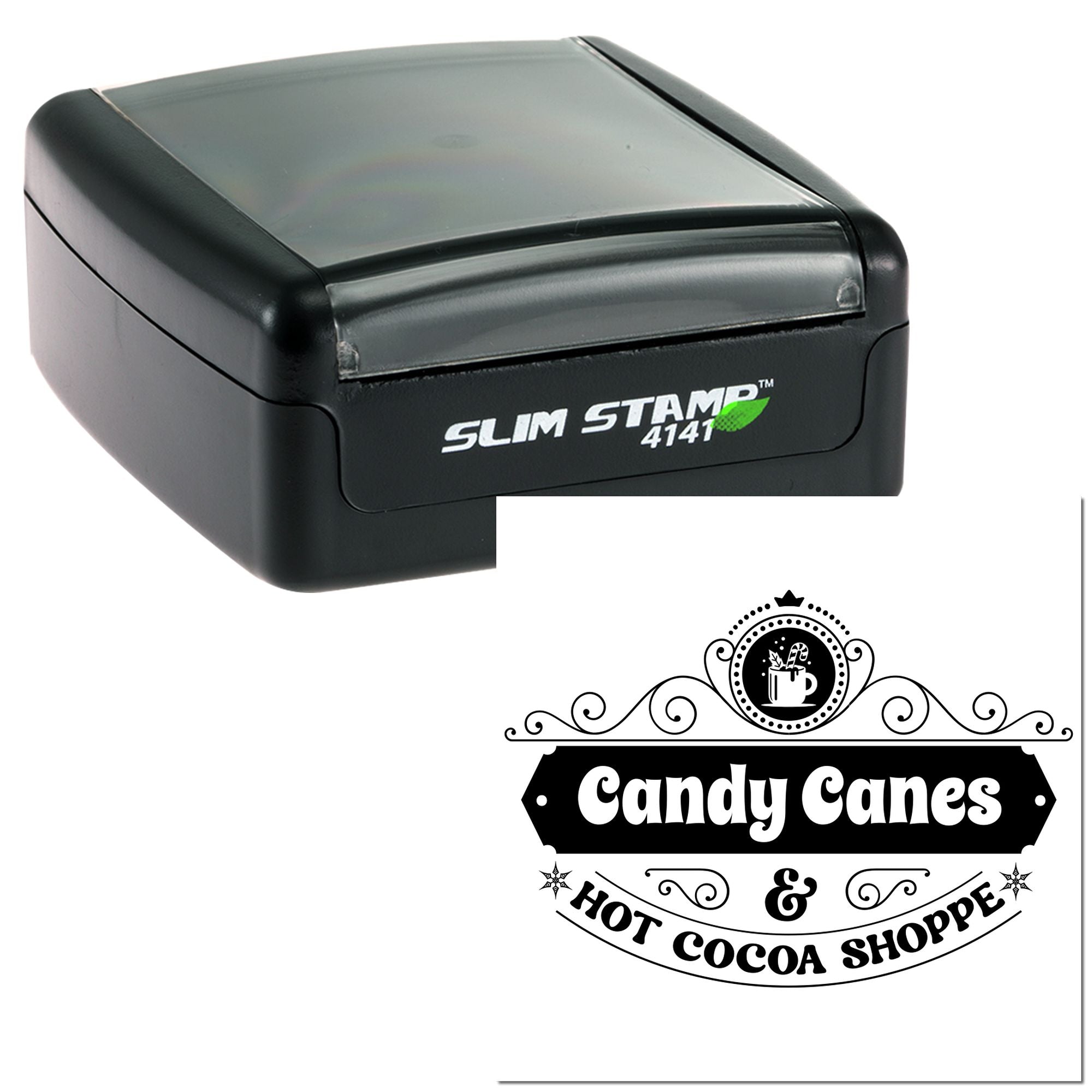 Slim Stamp 4141 self-inking custom rubber stamp with Candy Canes & Hot Cocoa Shoppe logo for caf and holiday branding.