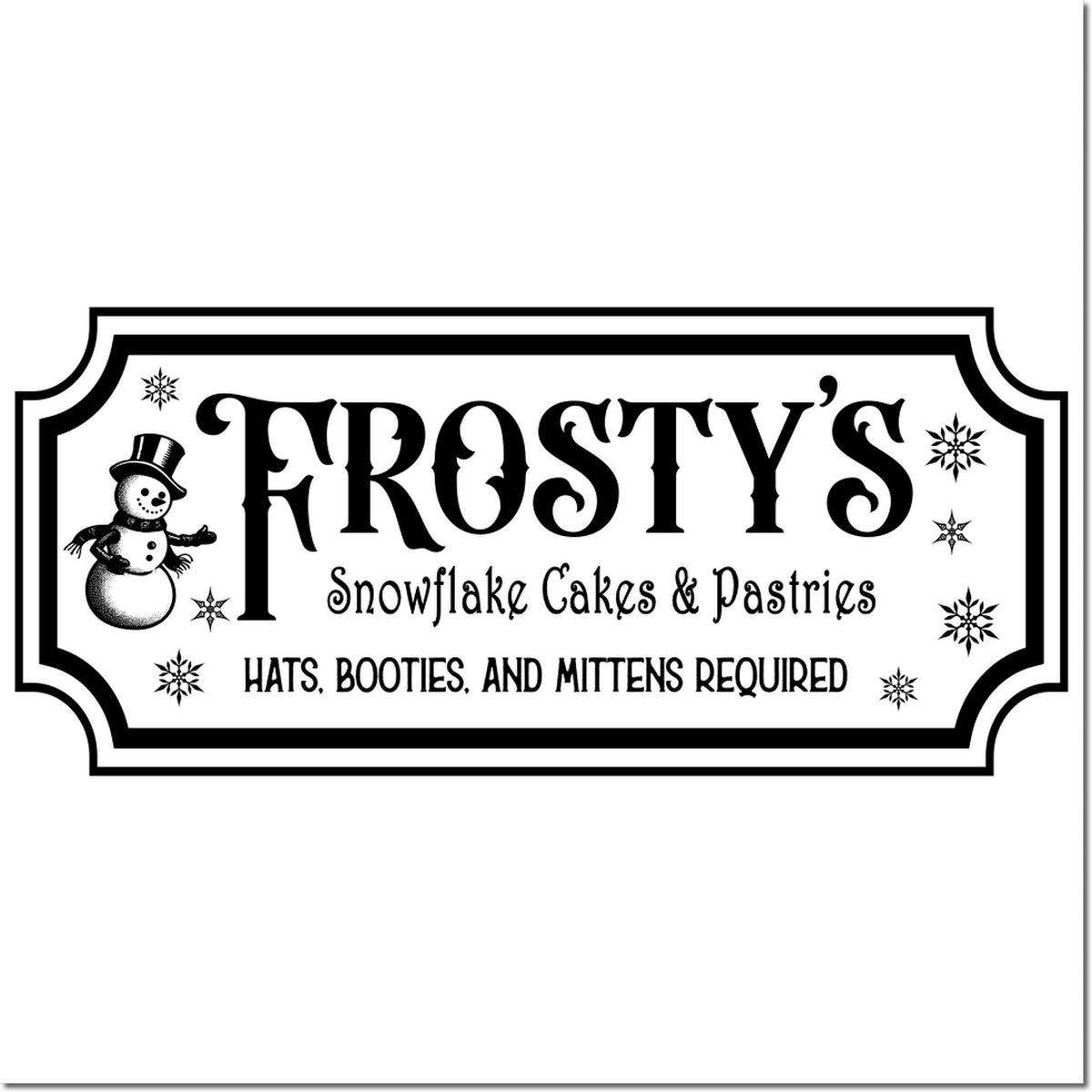 Vintage Frostys Snowflake Cakes & Pastries rubber stamp design with snowman, snowflakes, and Hats, Booties, and Mittens Required text.