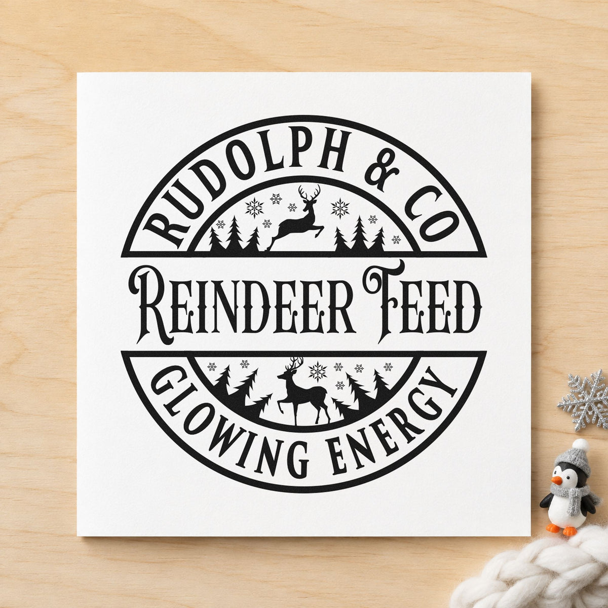 Rudolph Reindeer Feed Badge craft stamp imprint in black ink on a handmade project, one idea being sack weight tags.