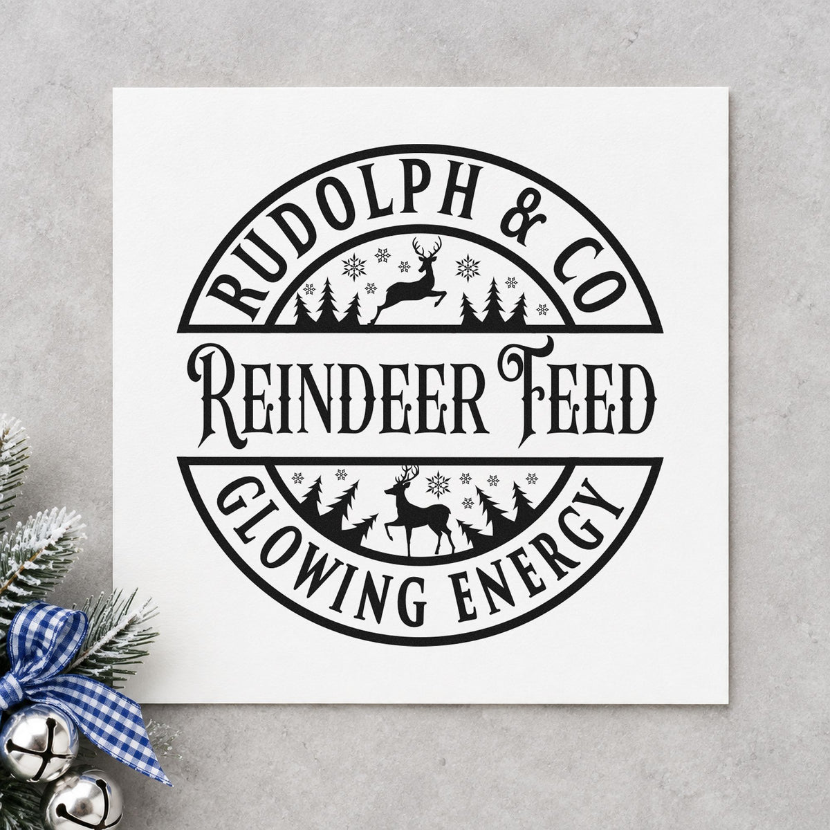 Rudolph Reindeer Feed Badge rubber stamp printed in black ink, ready for feed badge cards and similar paper crafts.