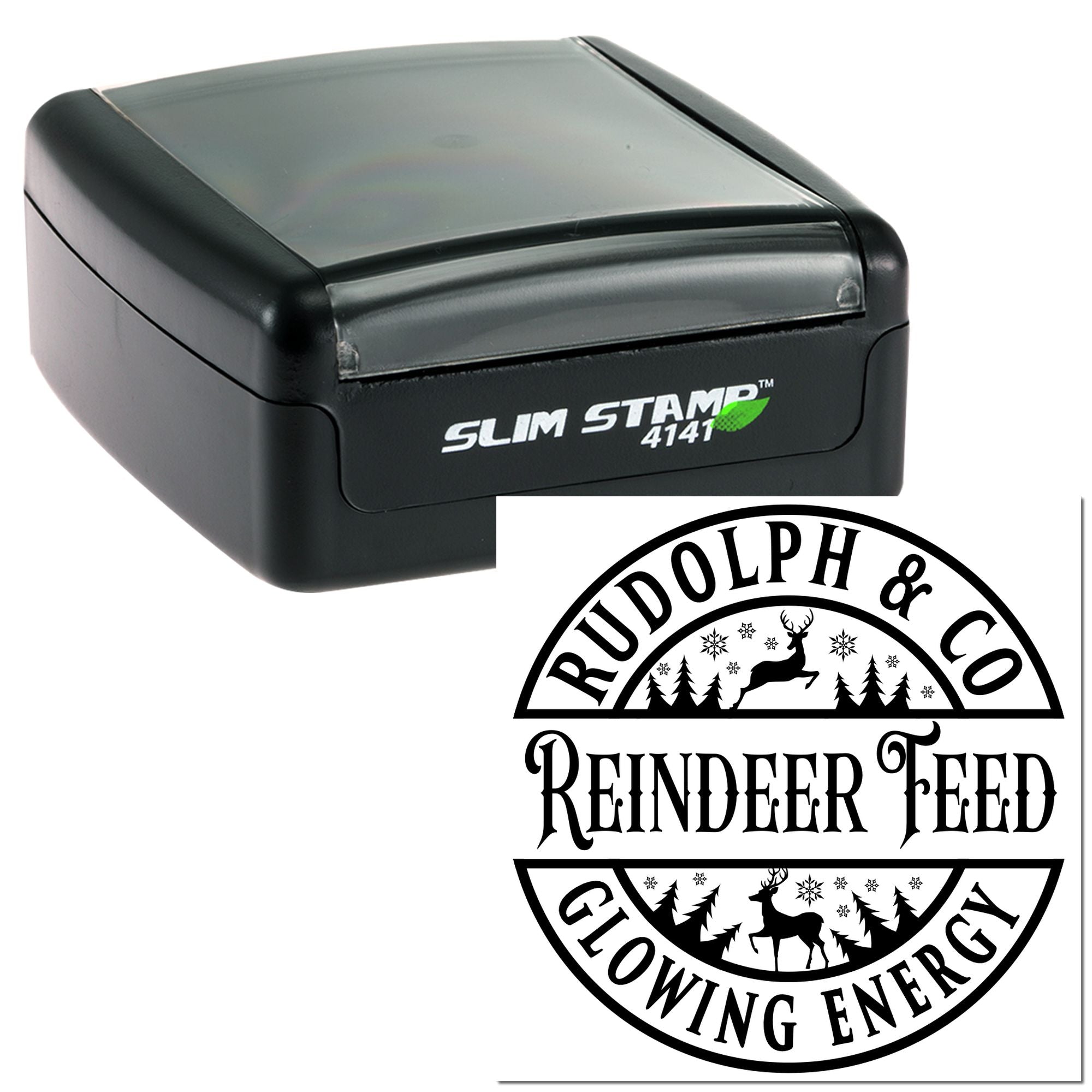 Custom slim self-inking rubber stamp with Rudolph & Co Reindeer Feed logo for branded packaging and business use.