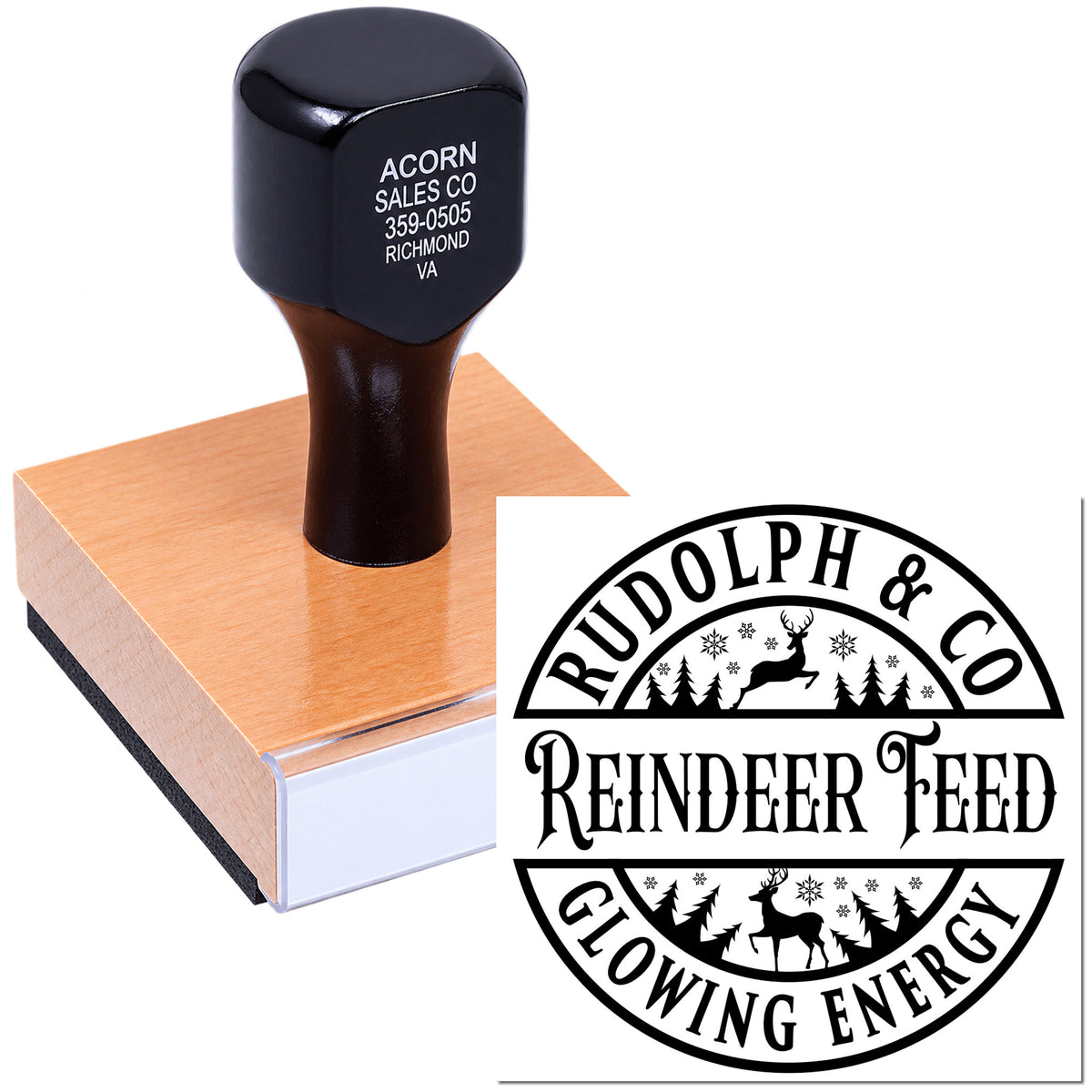 Custom rubber stamp with Rudolph & Co Reindeer Feed logo for branding packaging and product labeling