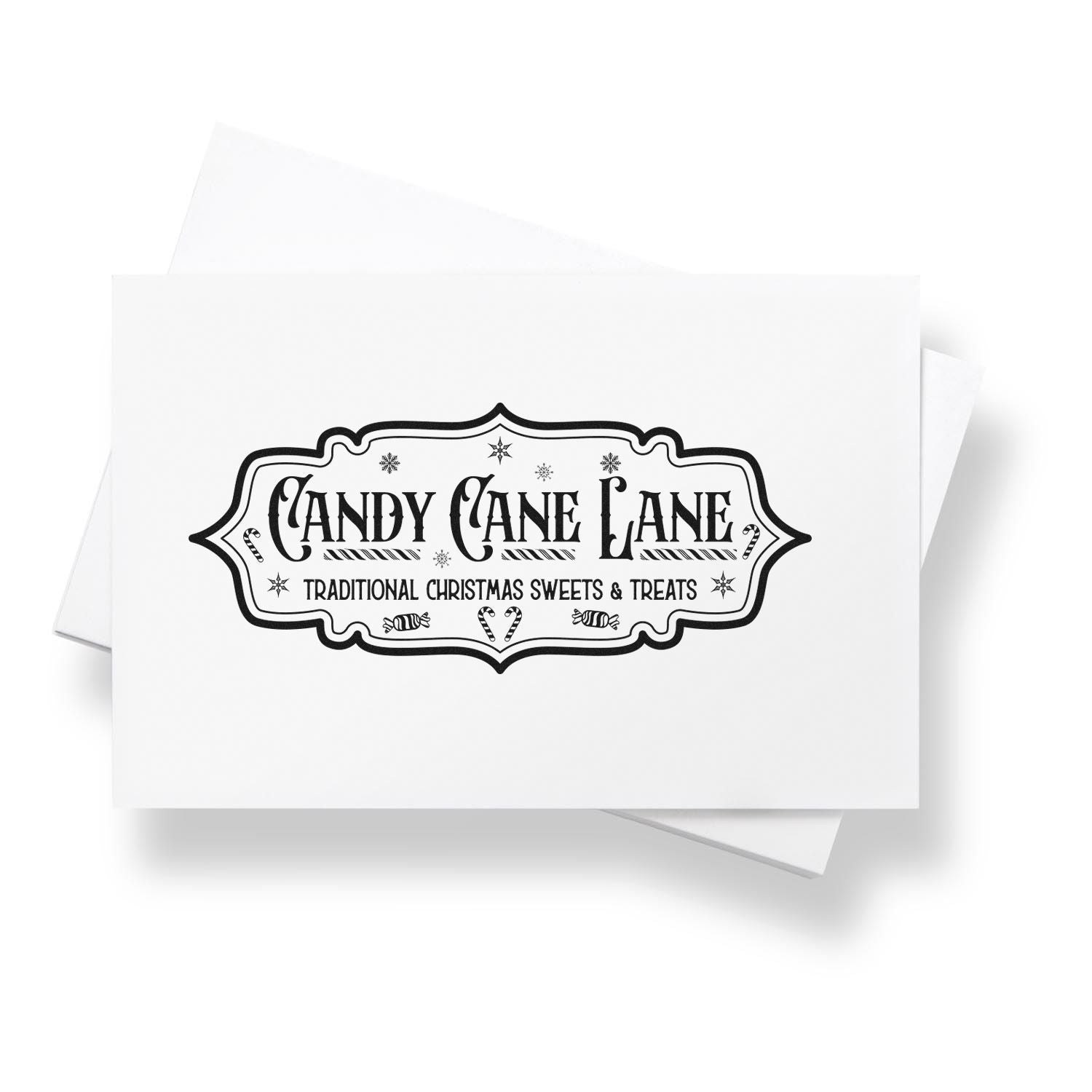 Candy Cane Lane traditional Christmas sweets and treats rubber stamp design with festive holiday border and candy cane accents.