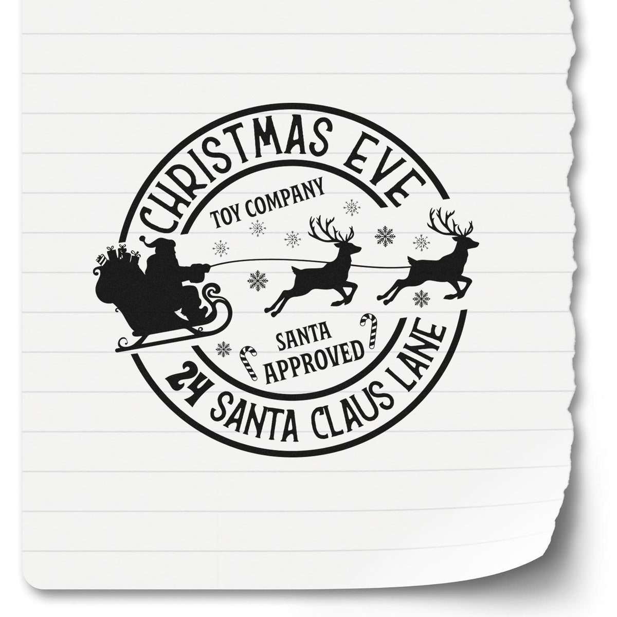 Custom Christmas Eve rubber stamp design with Santa sleigh, reindeer and Santa Approved text for holiday packaging.