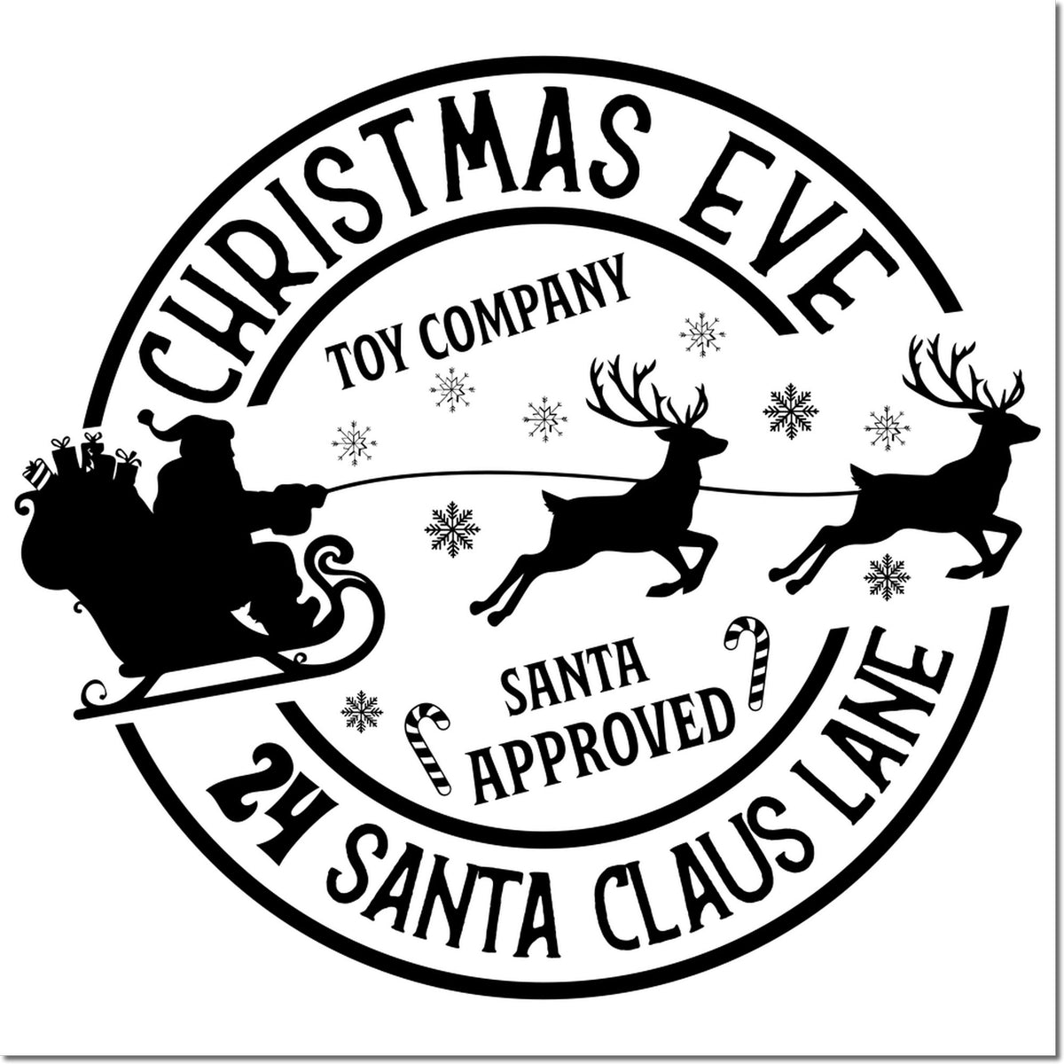 Festive Christmas rubber stamp with Santa sleigh, reindeer, snowflakes, and Santa Approved Santa Claus Lane holiday message.