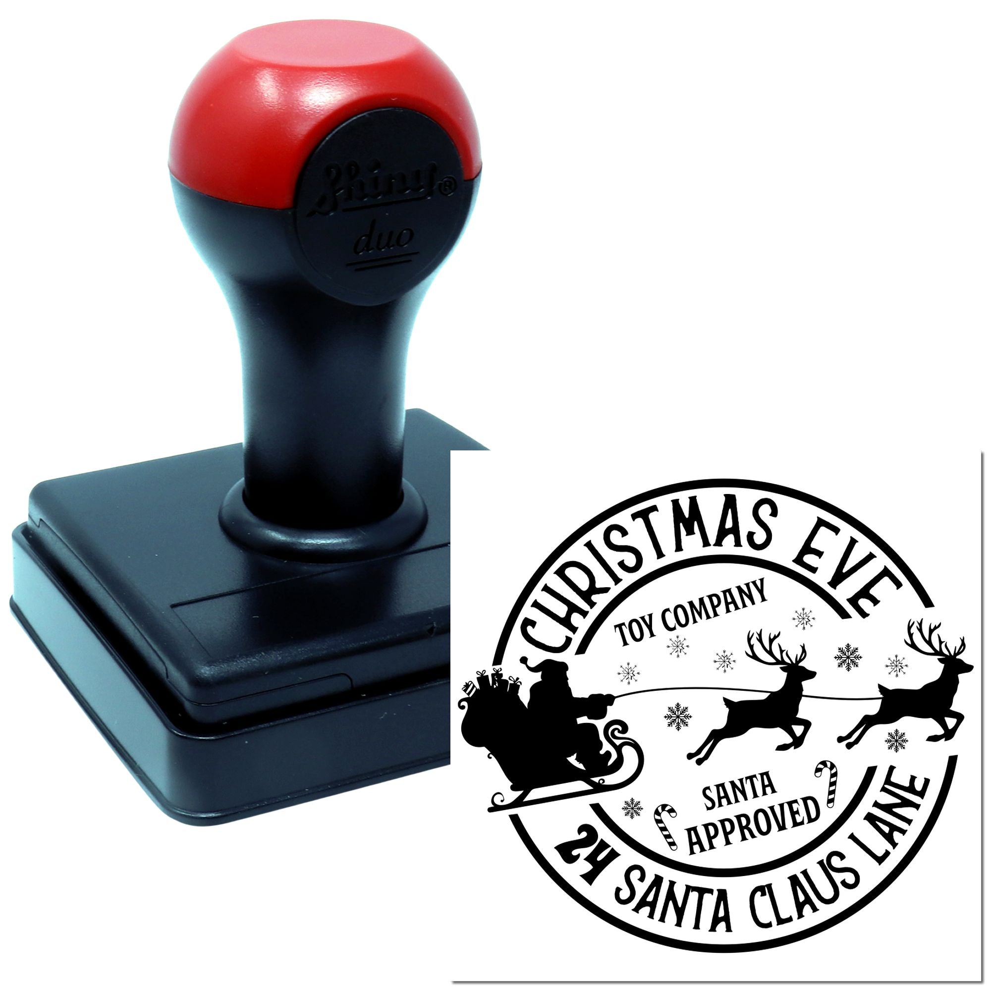 Custom Christmas rubber stamp with Santa Approved Christmas Eve Toy Company logo and 24 Santa Claus Lane design.